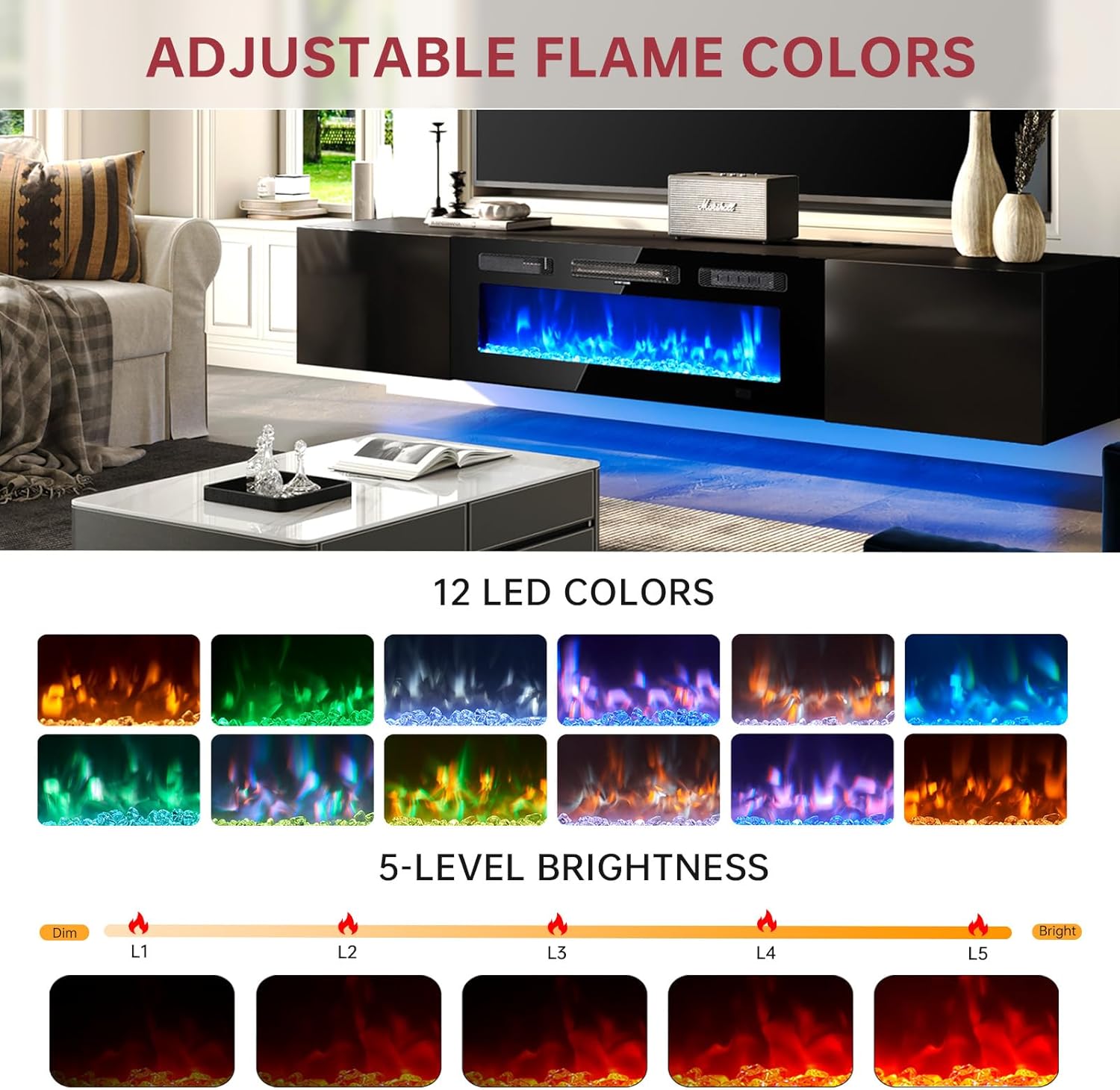 Oneinmil 70 Inch Floating TV Stand with Electric Fireplace