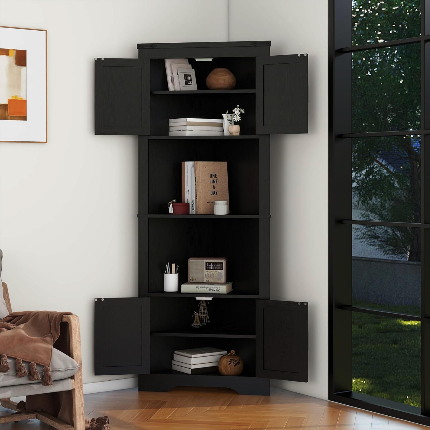 Panana Tall Corner Cabinet with Barn Doors and Adjustable Shelves Black