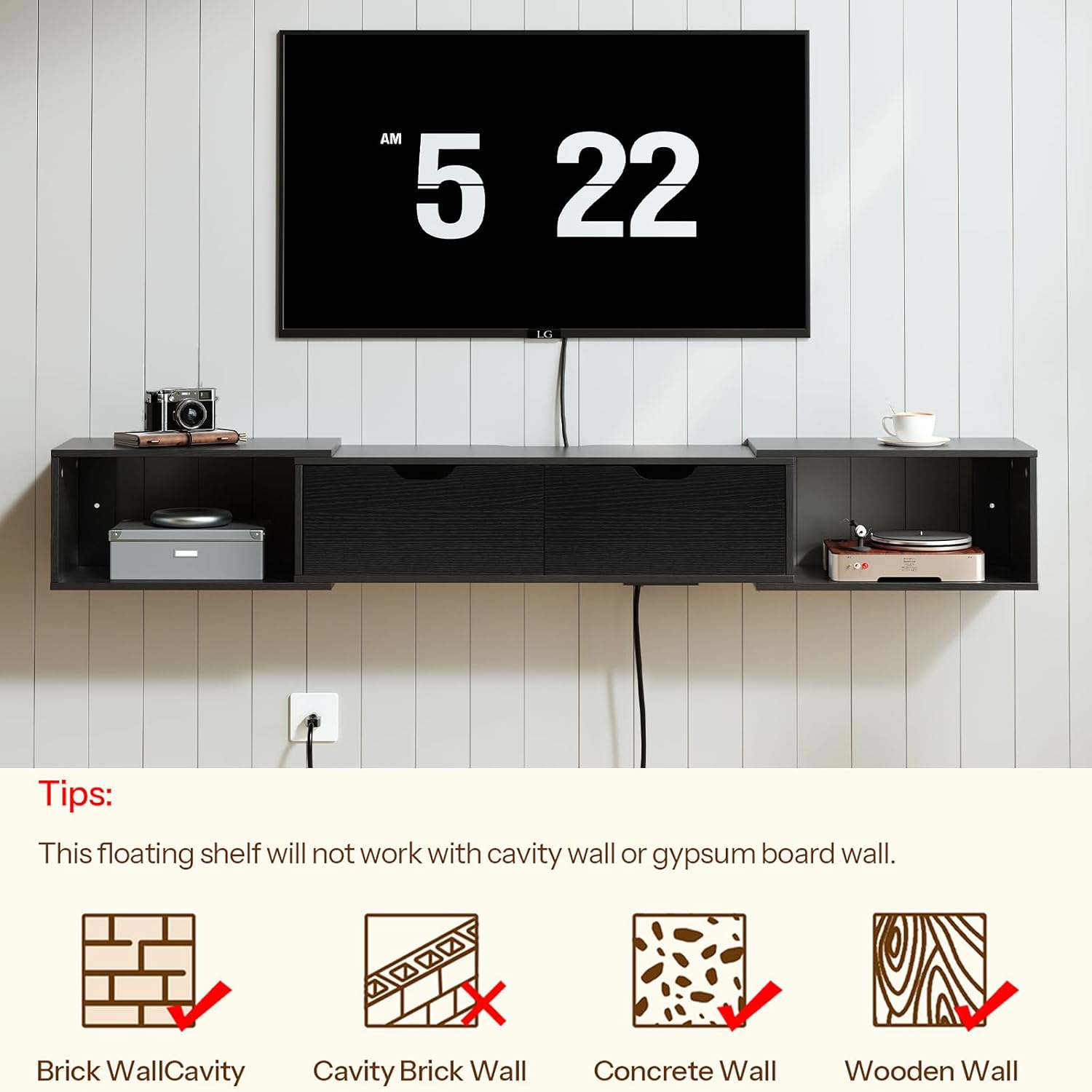 HOOBRO 622 Floating TV Stand with Power Outlet Black