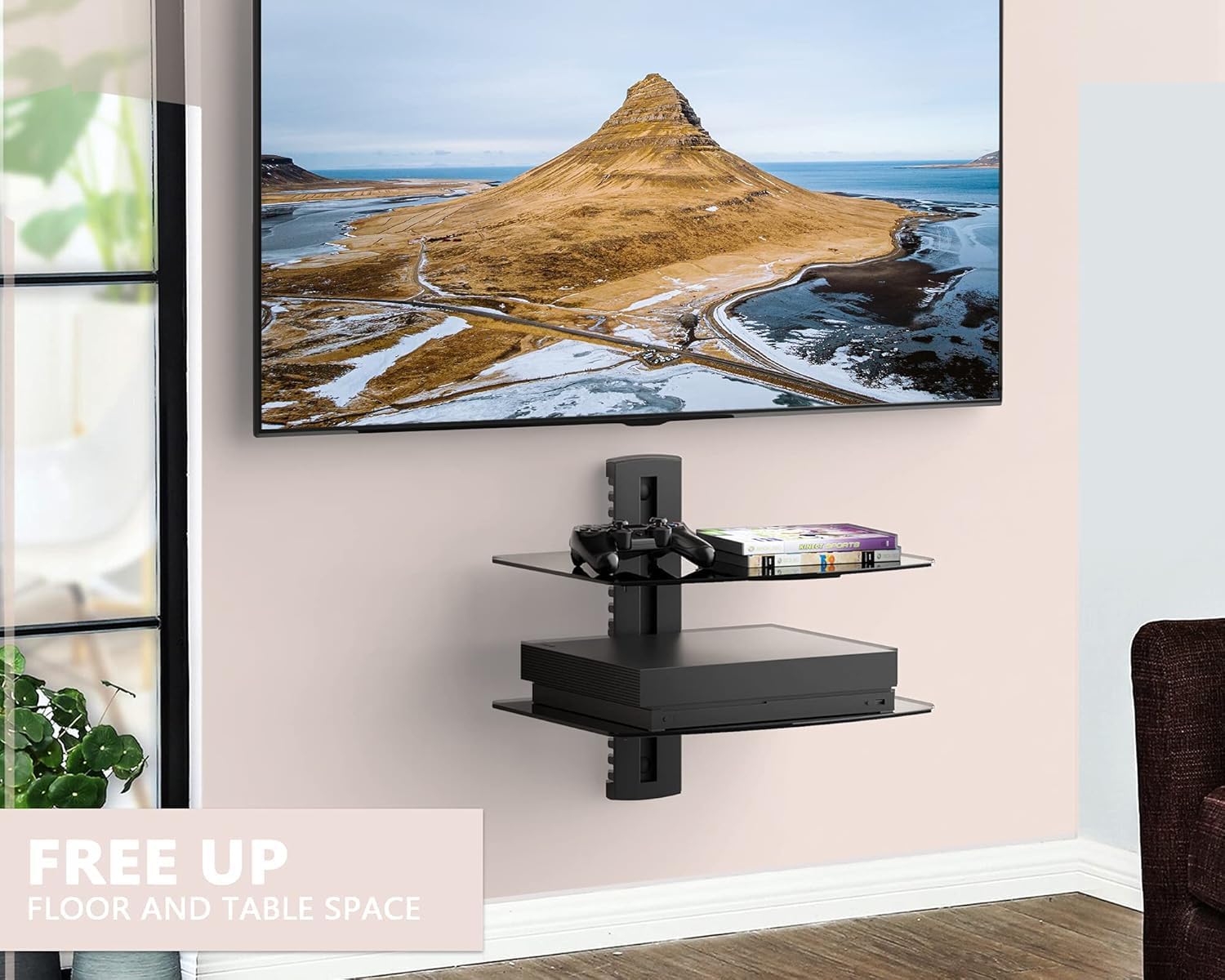 FITUEYES 2 Tiers Floating Wall Shelf for TV and Media Setup Black