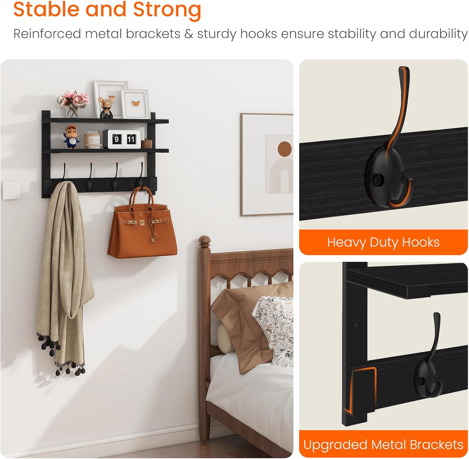 Homode 2 Tier Wall Shelf with Hooks Coat Rack