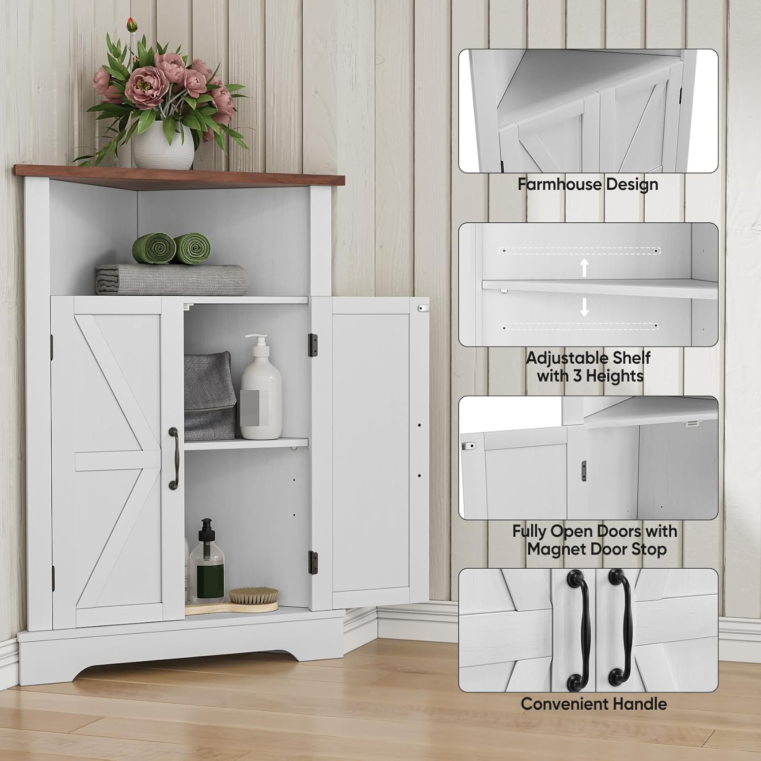 Mino Kesper Farmhouse Corner Cabinet with Adjustable Shelves White