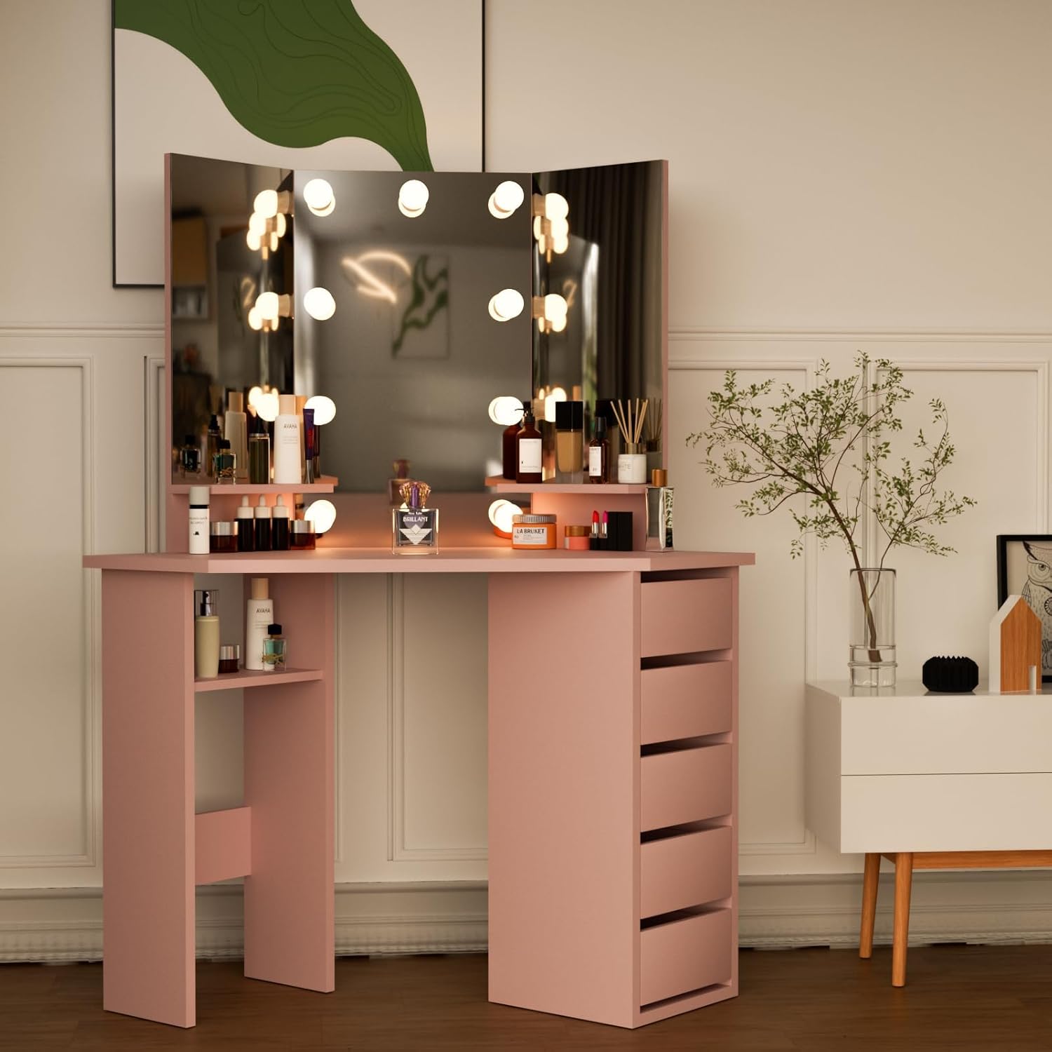 Likein Corner Vanity Desk with Mirror and Lights