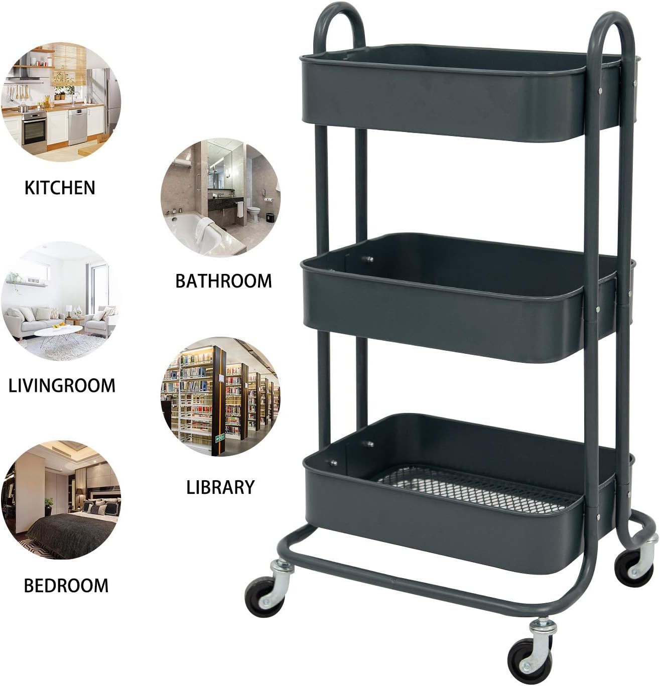 Wonline 3-Tier Metal Rolling Storage Cart with Locking Casters Grey