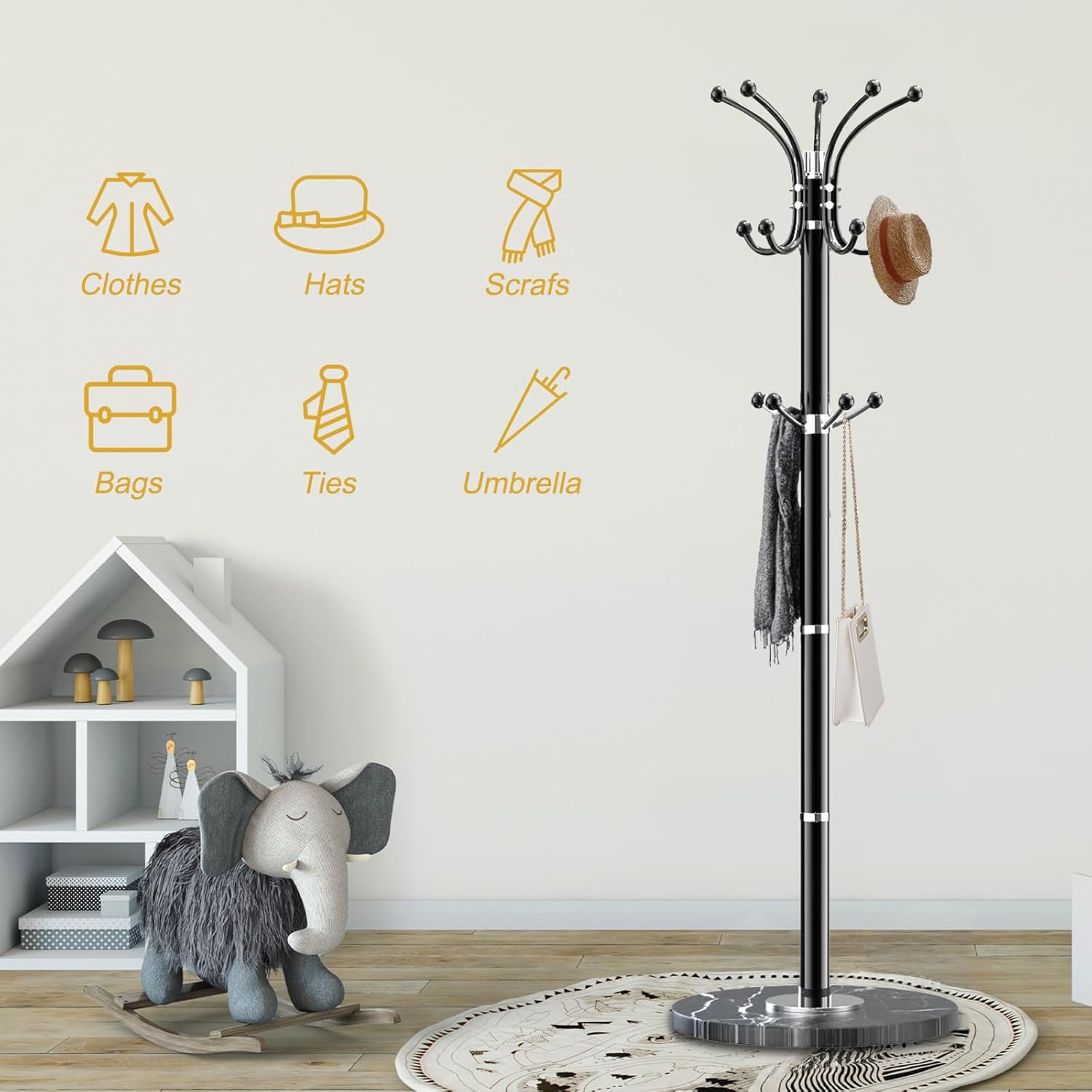 Snaikor Modern Coat Rack with Marble Base Black
