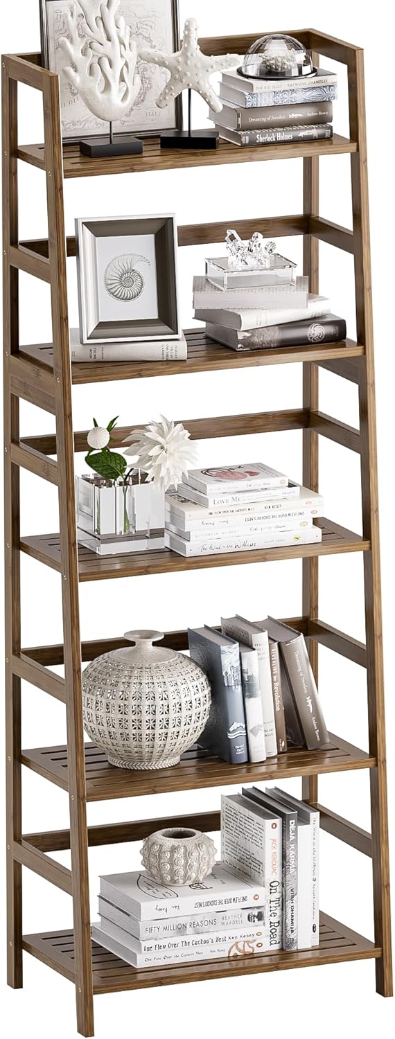 Vovala 5-Tier Bamboo Bookshelf with Modern Ladder Design