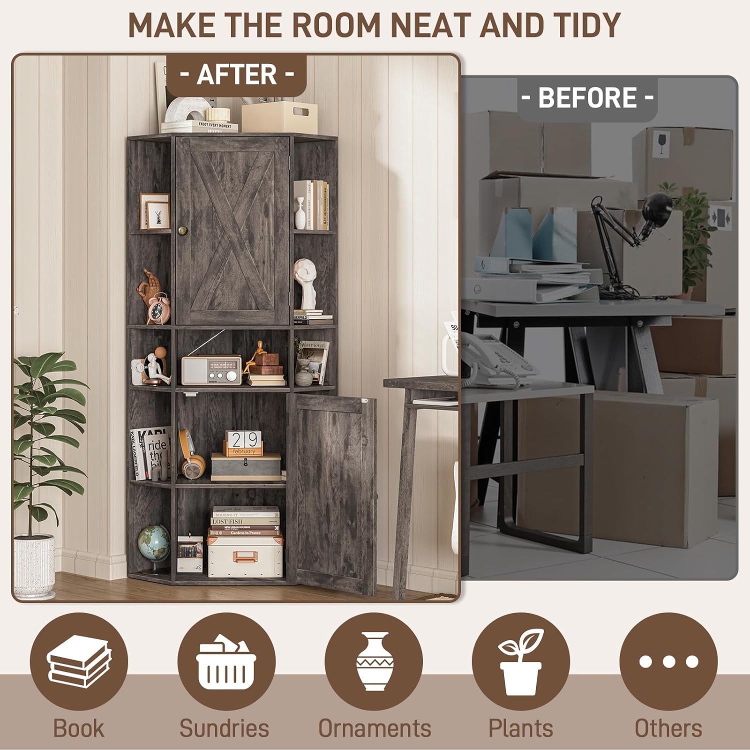 Farmhouse Corner Cabinet with Adjustable Shelves and Doors Grey 1