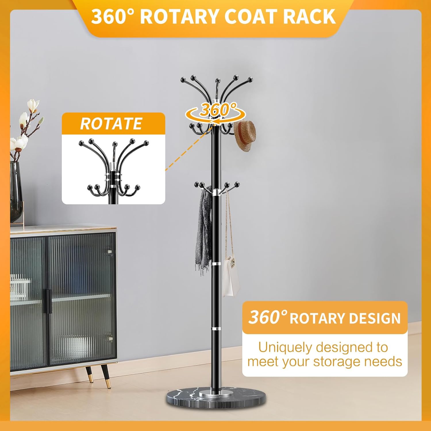 Snaikor Modern Coat Rack with Marble Base Black