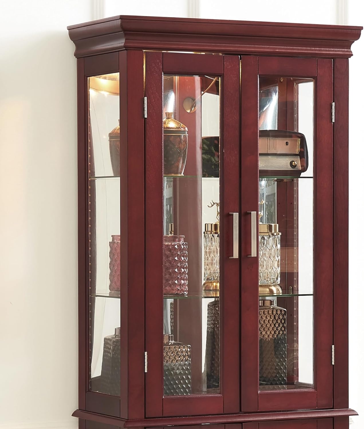 Tall Storage Cabinet with Adjustable Shelves and Lighted Glass Display