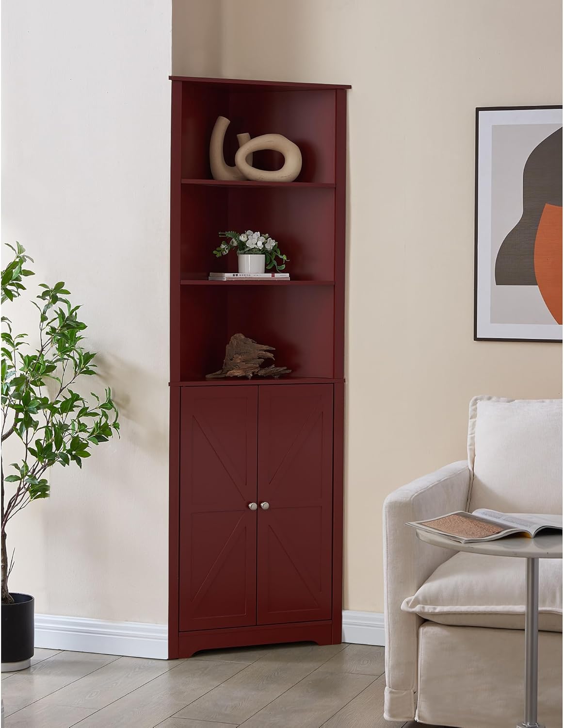 Kings Brand Tall Wooden Corner Cabinet with 2 Doors and 5 Shelves Red