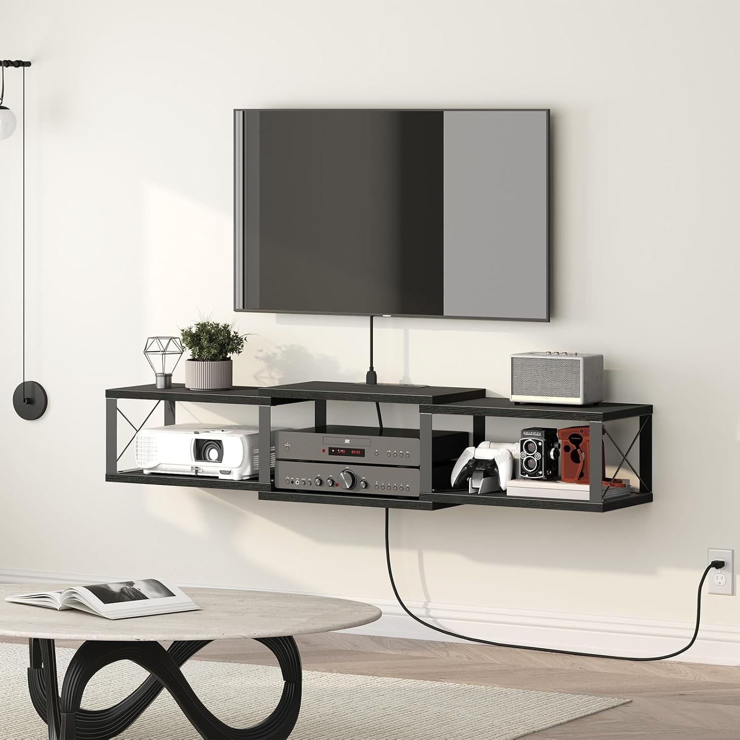 Floating TV Stand with Power Outlet and Storage
