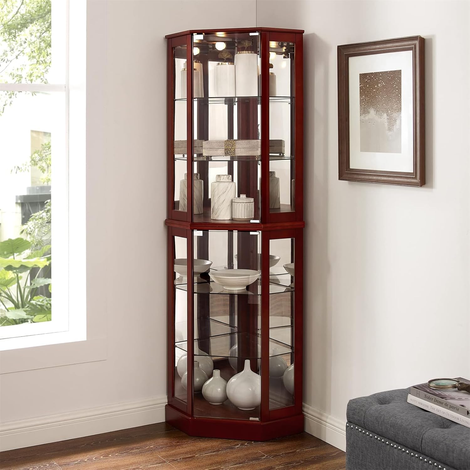 Farmhouse Curio Cabinet with Lights and Adjustable Shelves Cherry
