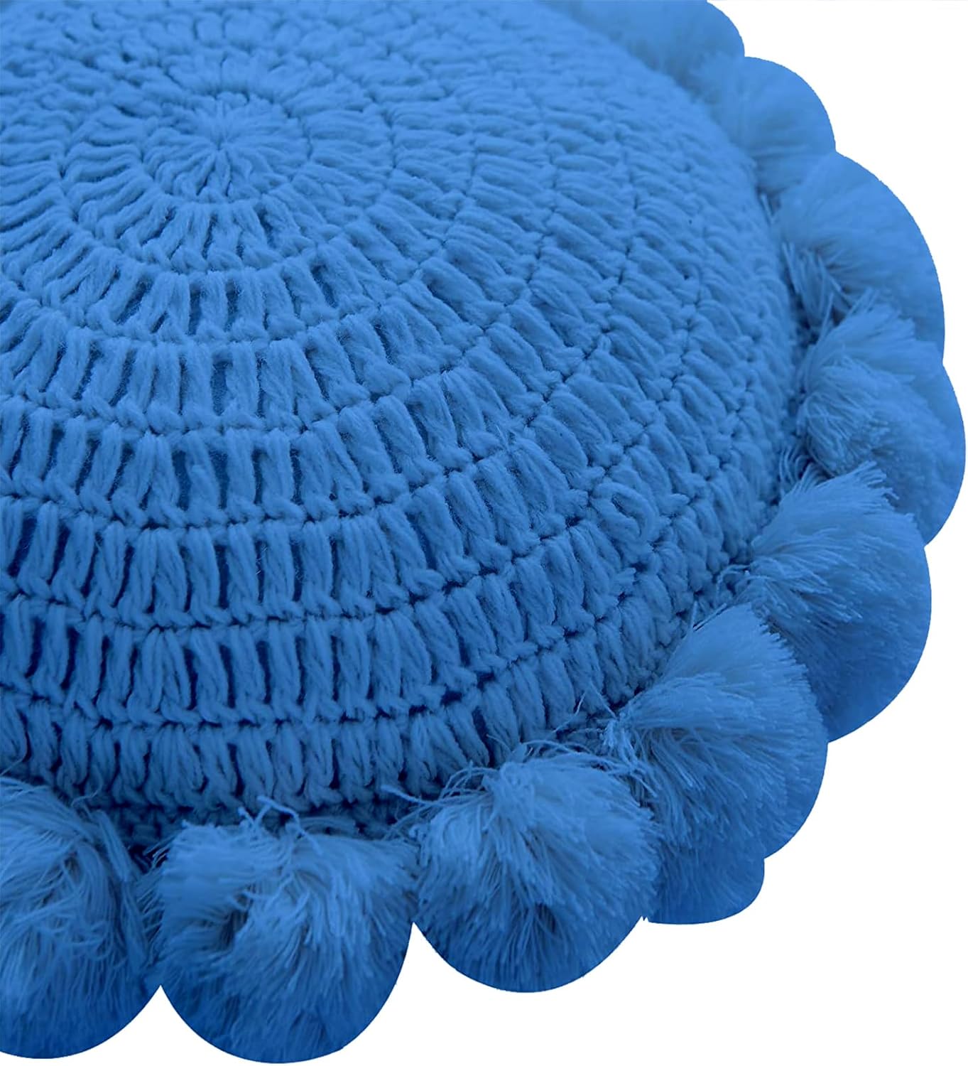 Boho Round Throw Pillow with Pom Poms Tassels 18 Inch Blue