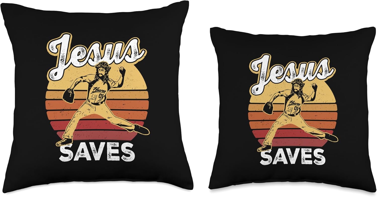 Jesus Saves Baseball Pitcher Christian Throw Pillow 18x18 Multicolor