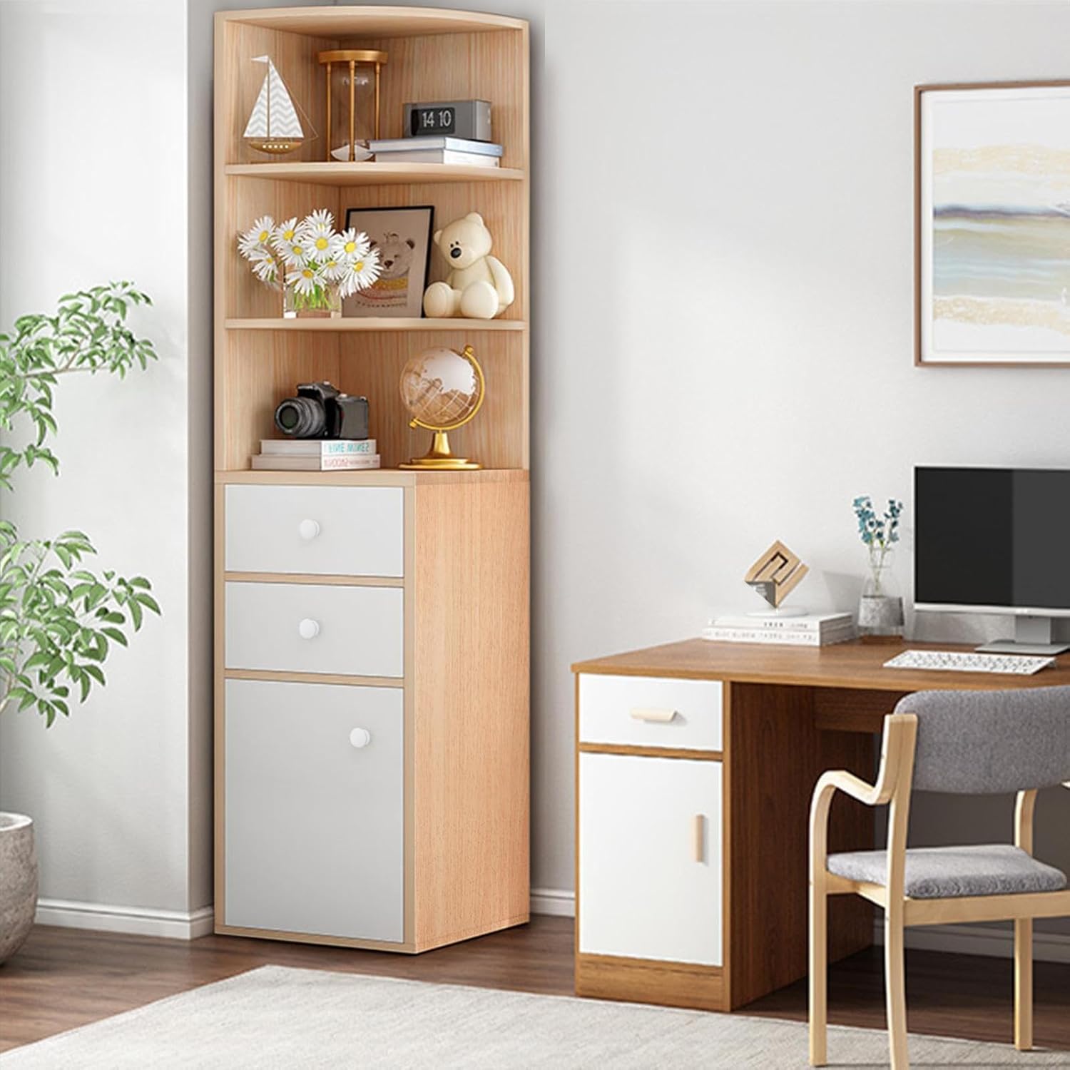 Washranp Tall Corner Cabinet with Open Shelves and Drawer