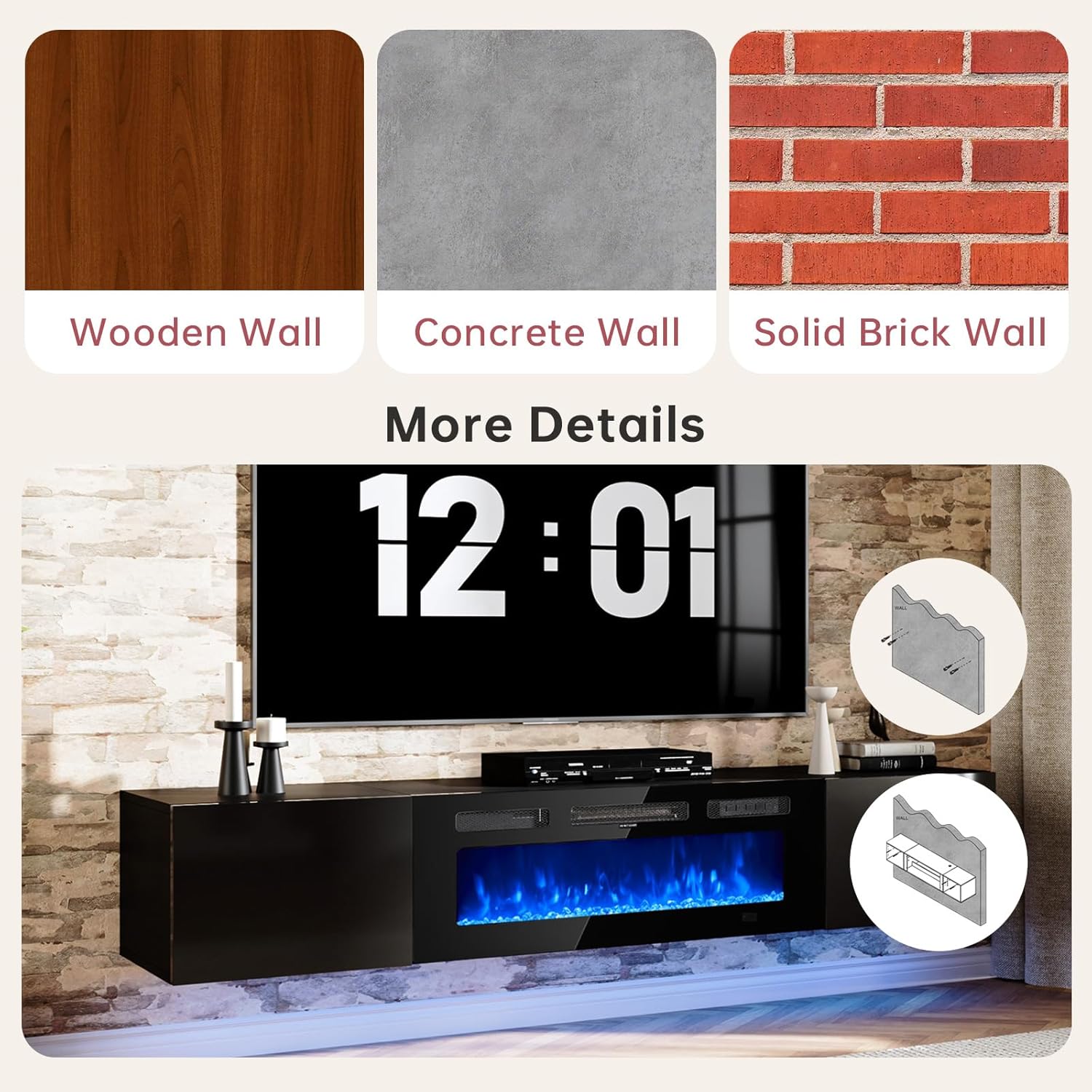 Oneinmil 70 Inch Floating TV Stand with Electric Fireplace