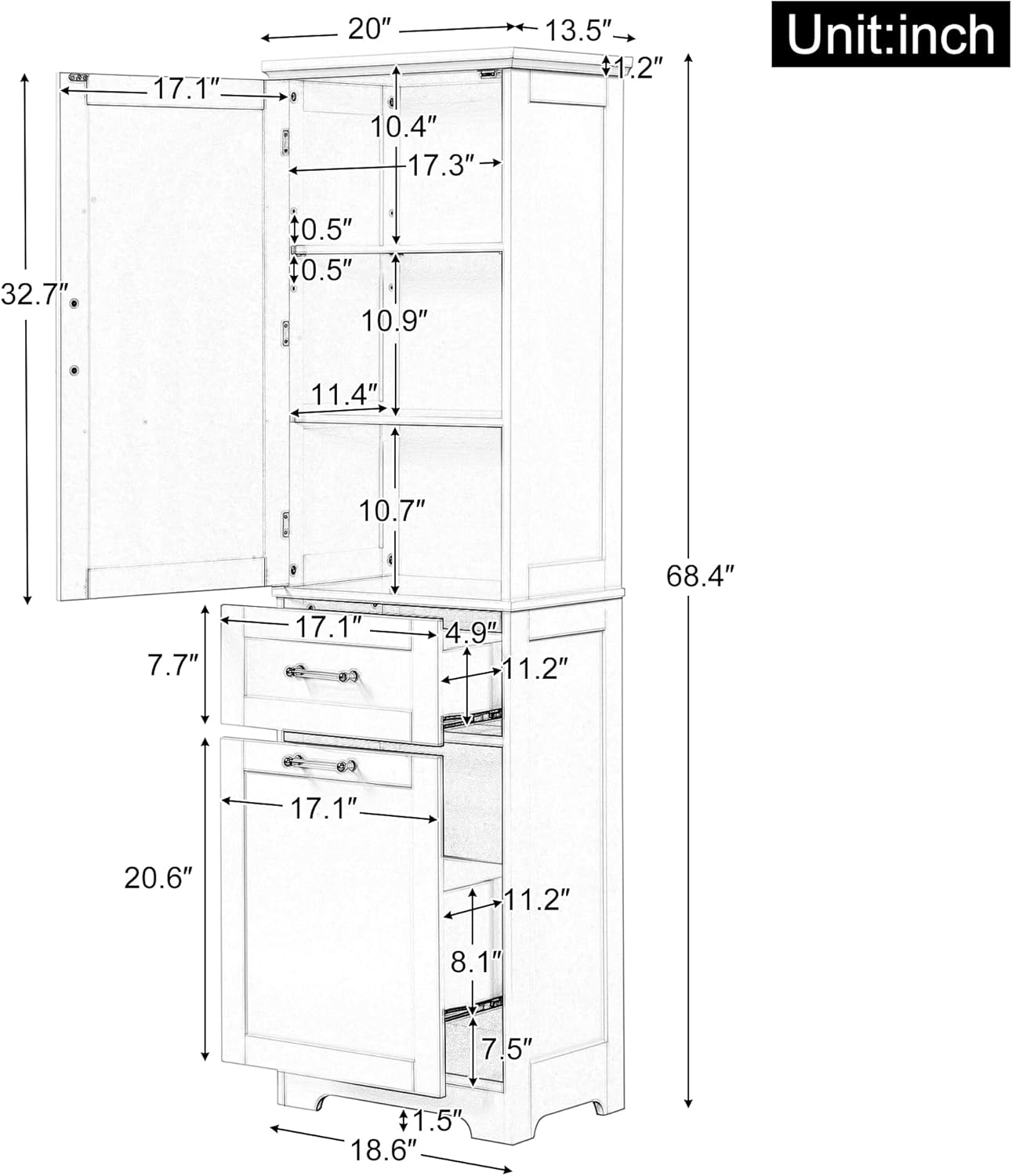 Tall Bathroom Cabinet with Two Drawers and Adjustable Shelf