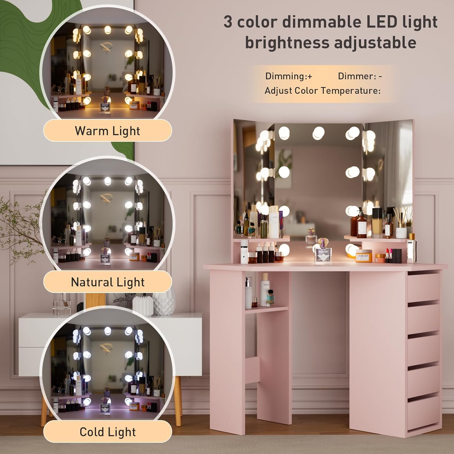 Likein Corner Vanity Desk with Mirror and Lights