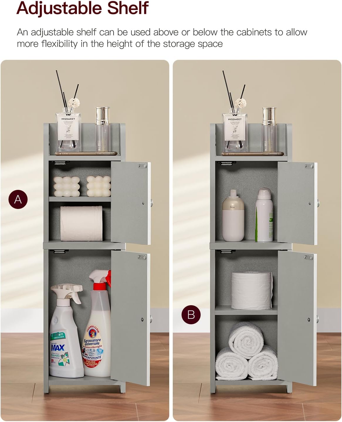 FIONESO Small Bathroom Storage Cabinet with Doors and Adjustable Shelves Grey