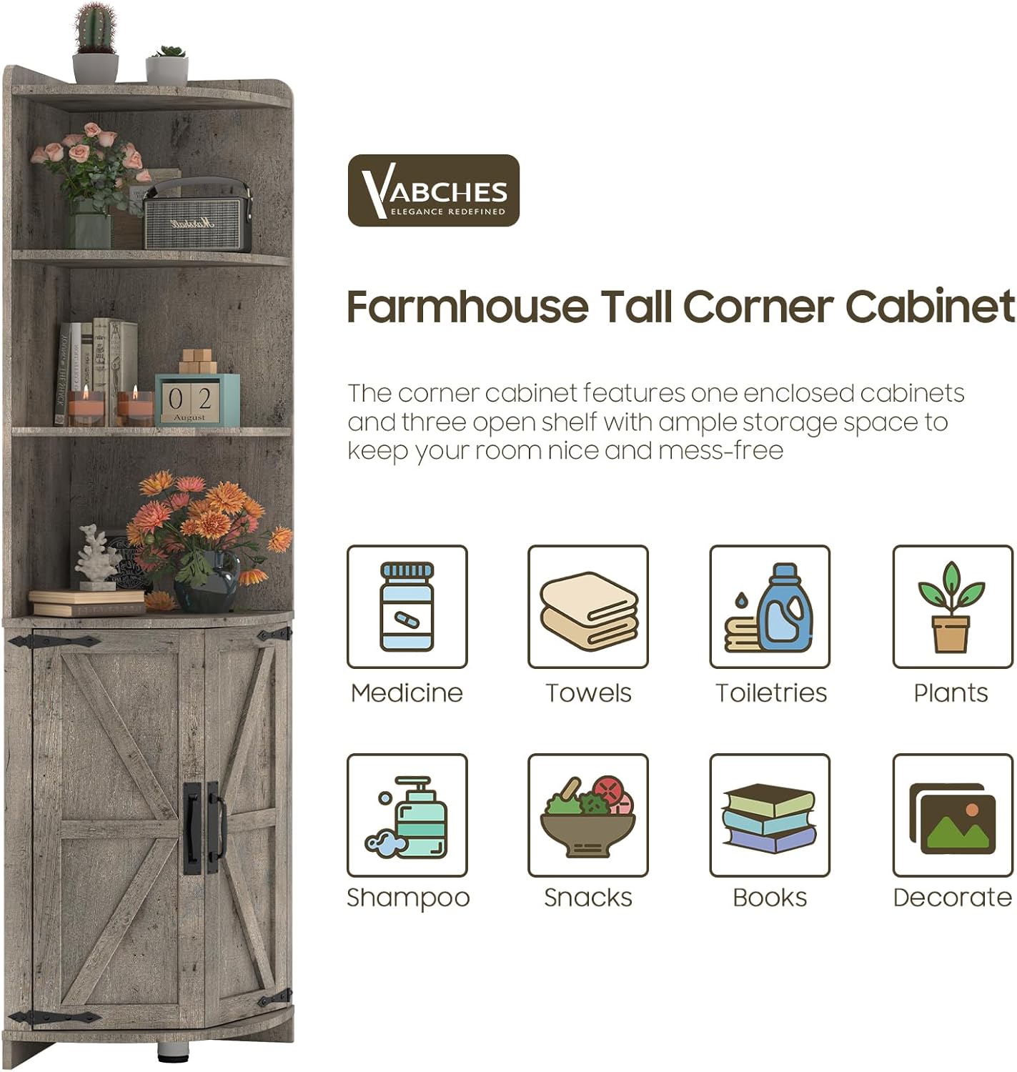 Halitaa Farmhouse Corner Cabinet with 6 Shelves and Barn Doors