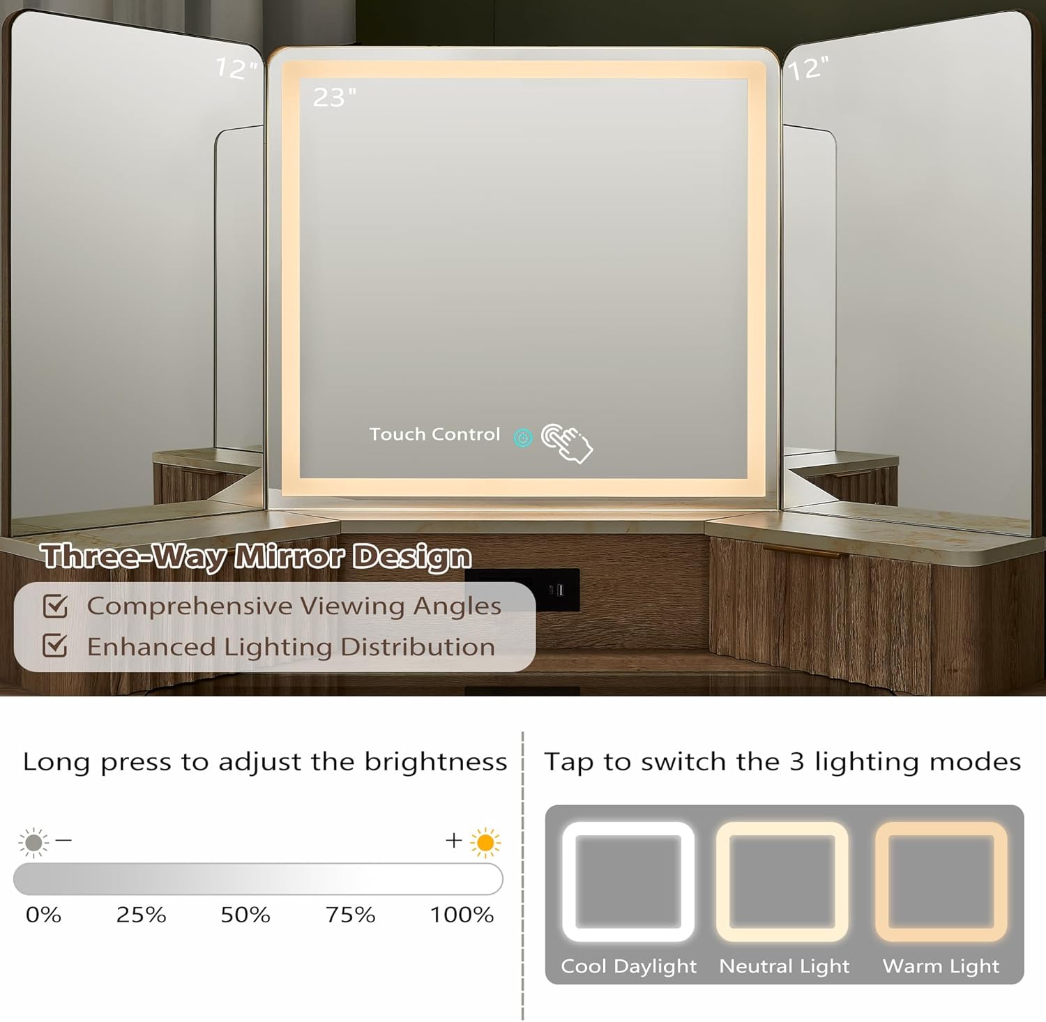 T4TREAM Fluted Makeup Vanity Desk with 3 Way Mirror and LED Lights 48 Inch Corner Table