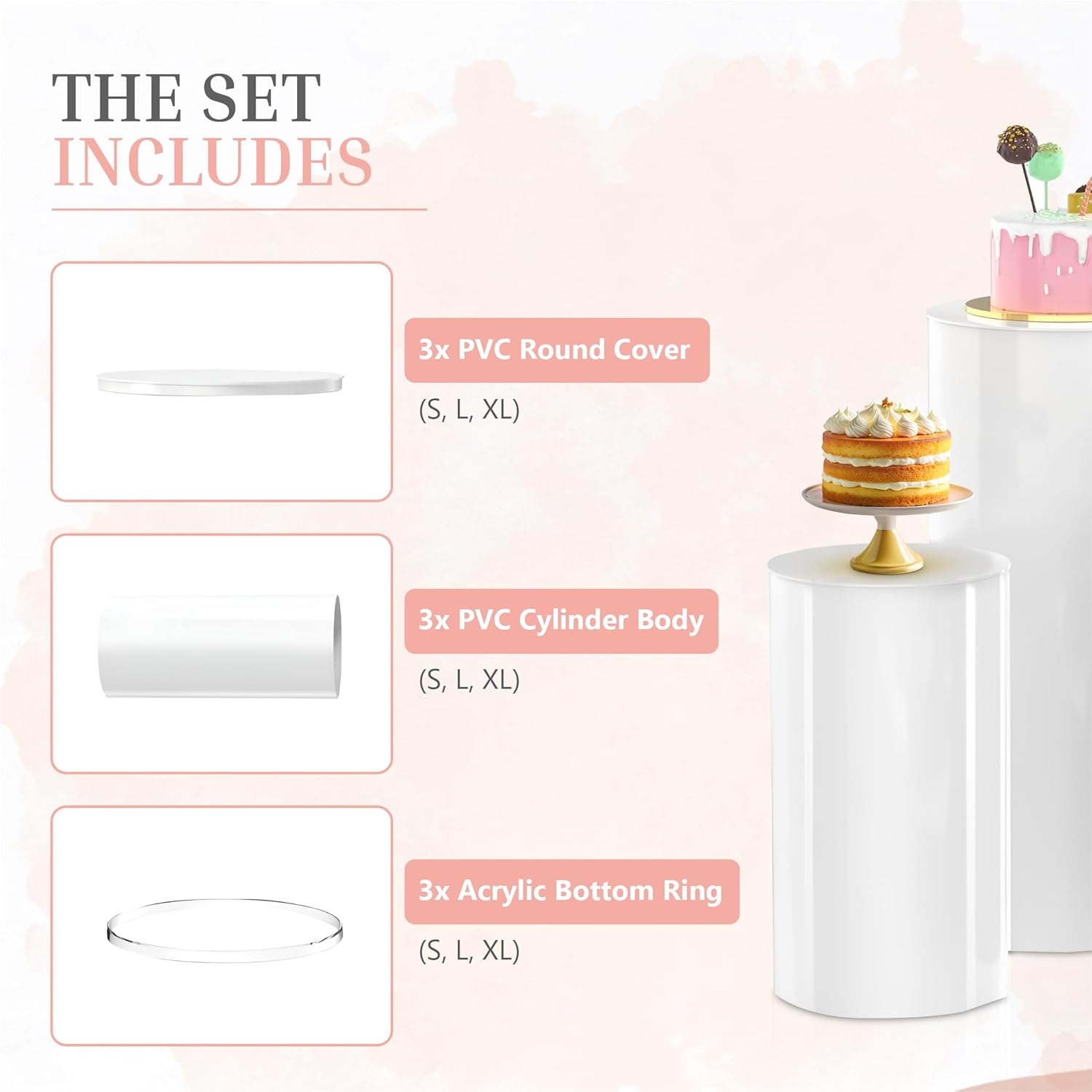 White Cylinder Pedestal Stands 3 Pieces Modern Party Decor