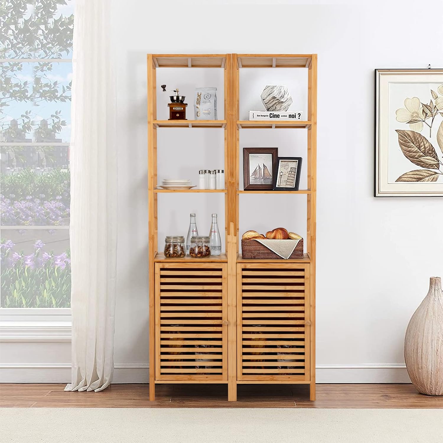 Giantex Bamboo Storage Cabinet 4-Tier Slim Shelving Unit with Shutter Door and Anti-Toppling Device