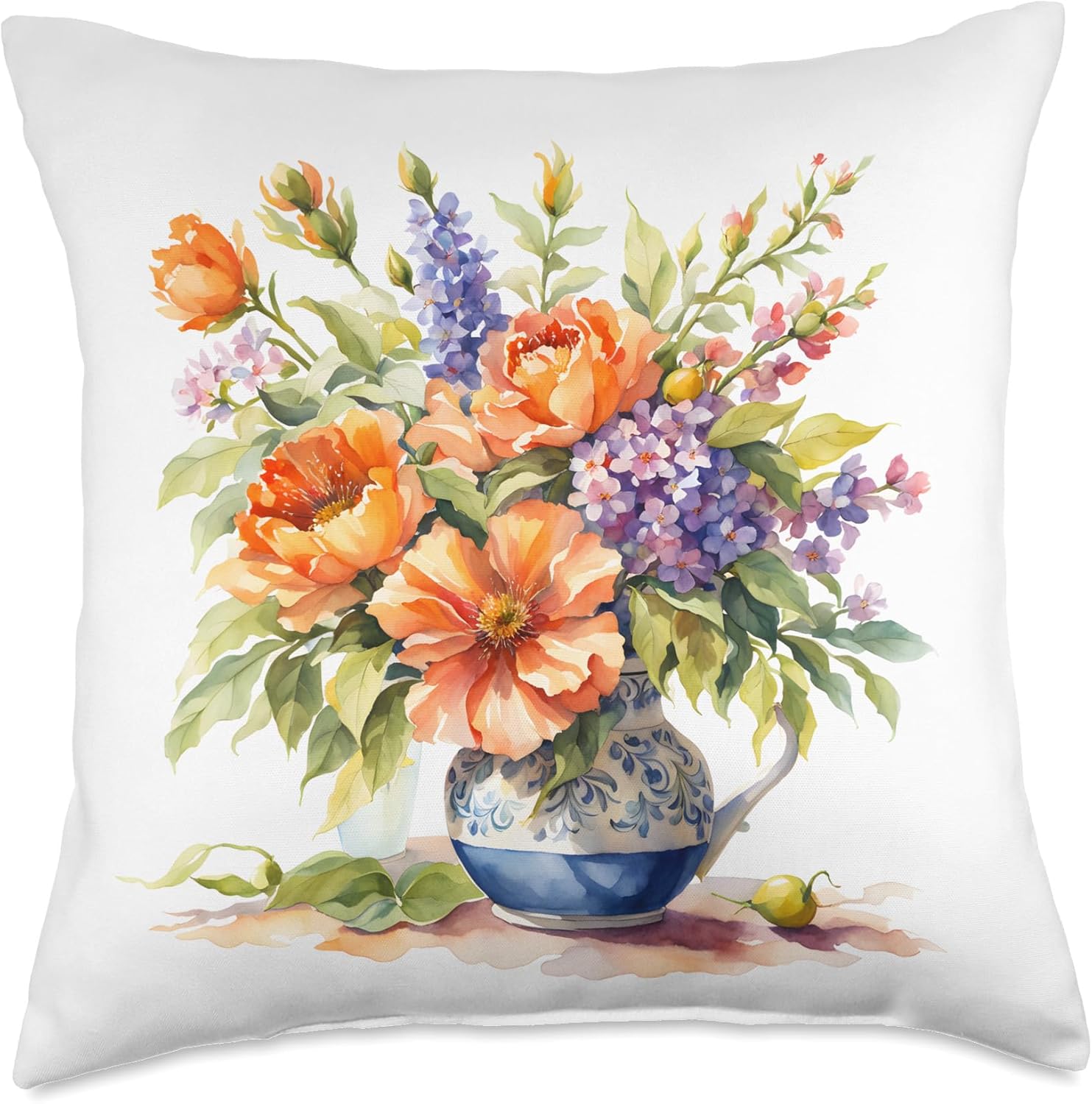 Cottage Core Watercolor Flowers Throw Pillow