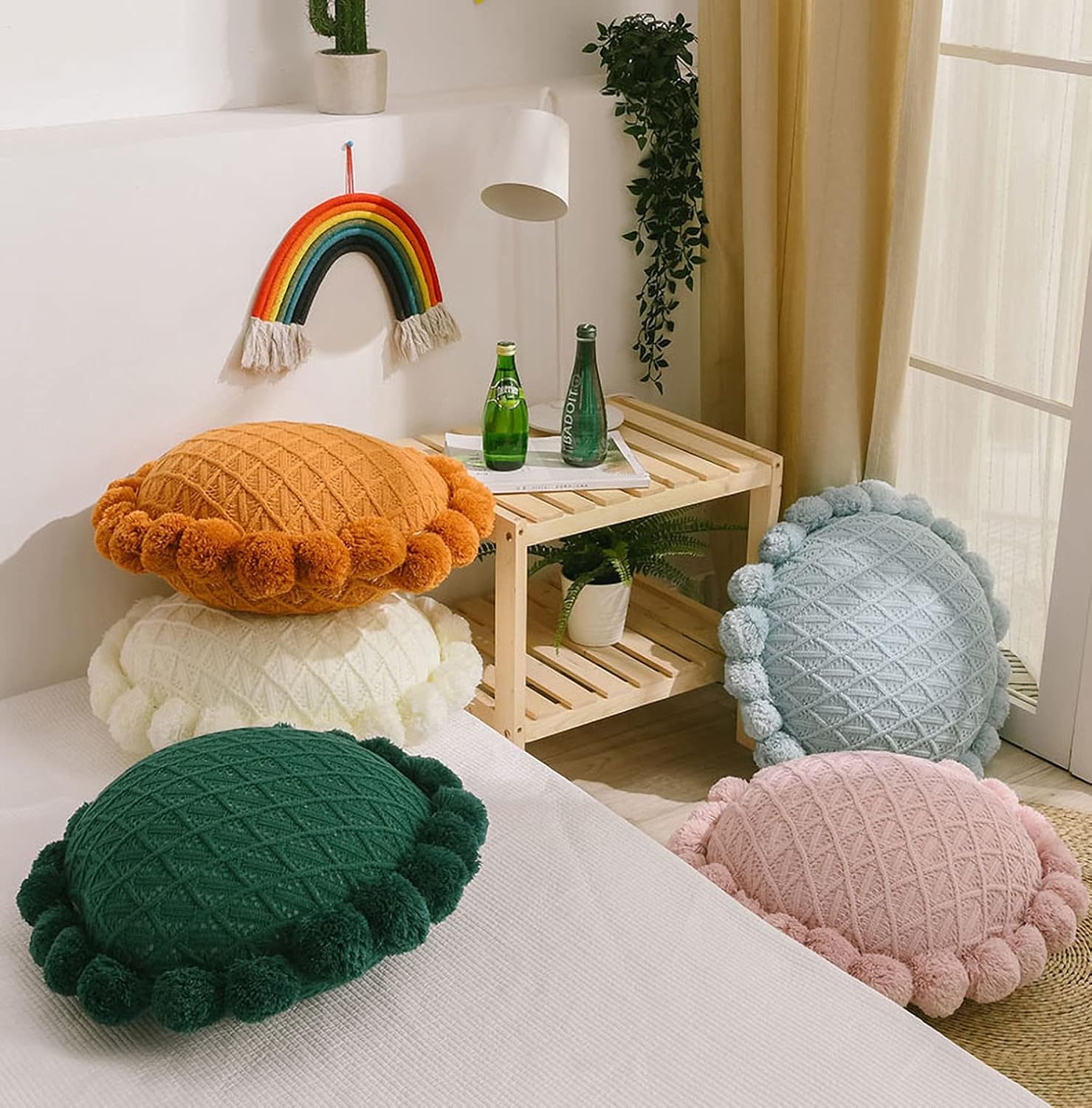 IXITON Round Knitting Pompoms Pillow Sunflower Decorative Cushion Throw Pillow with Insert 20 Inch Light Yellow