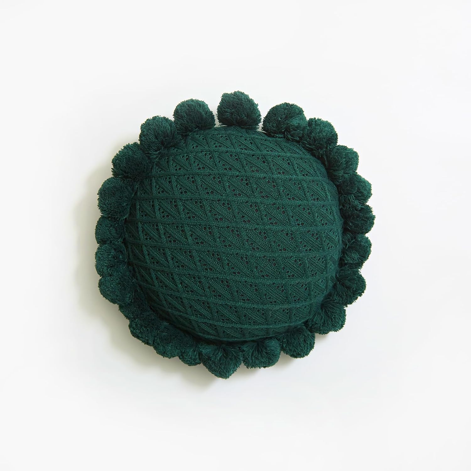 Acrylic Knitted Throw Pillow with Pom Poms Dark Green 18 Inches Diameter