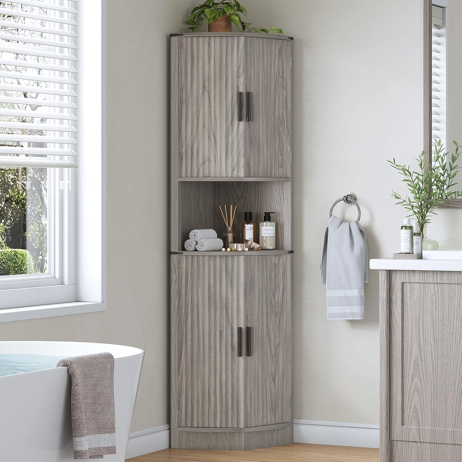 Maupvit 68 Inch Tall Corner Storage Cabinet with 4 Doors and 5 Shelves Rustic Gray