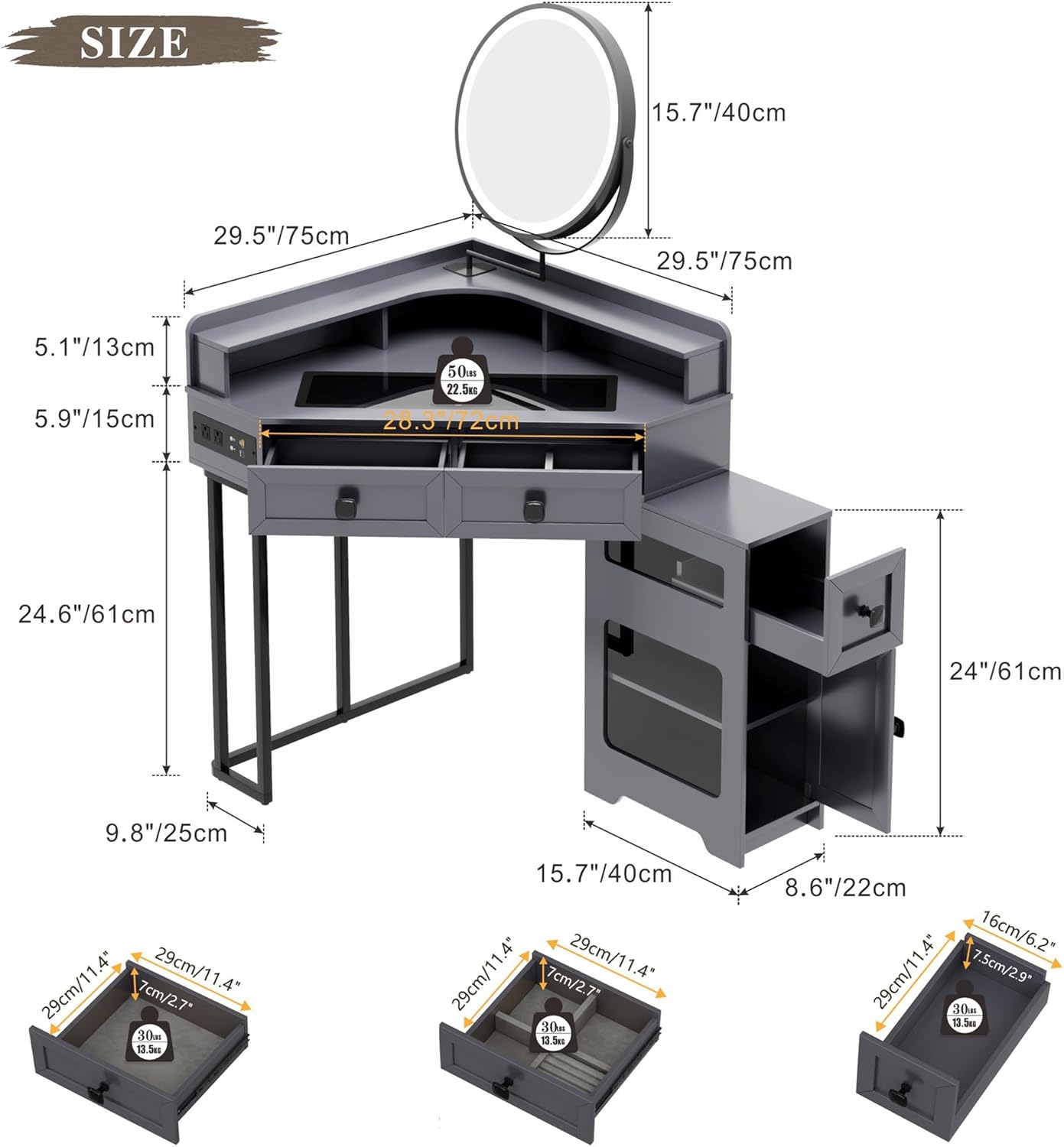 Modern Corner Vanity Desk with Mirror Lights and Storage
