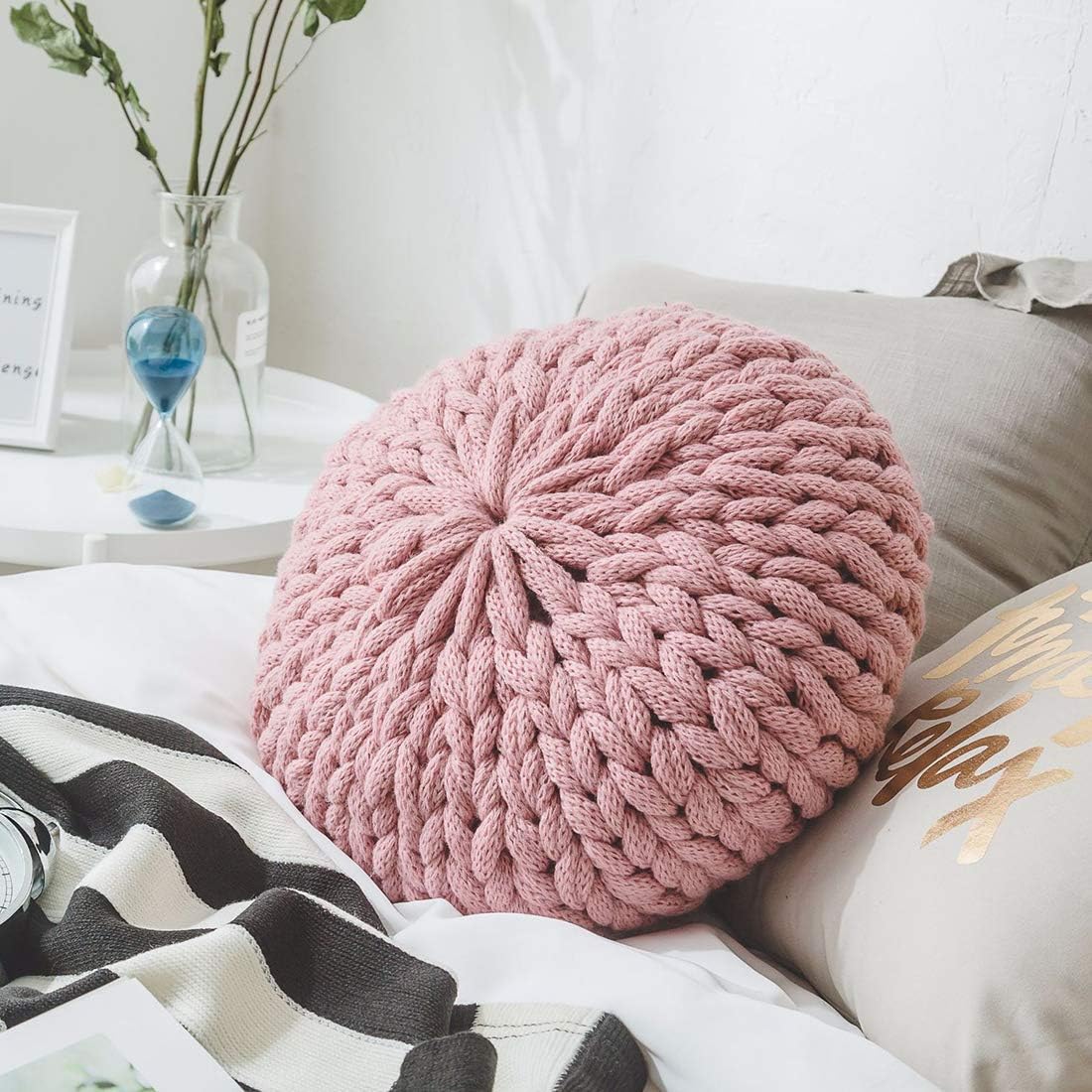 Chunky Knit Round Throw Pillow with Insert - Pink 16 Inch
