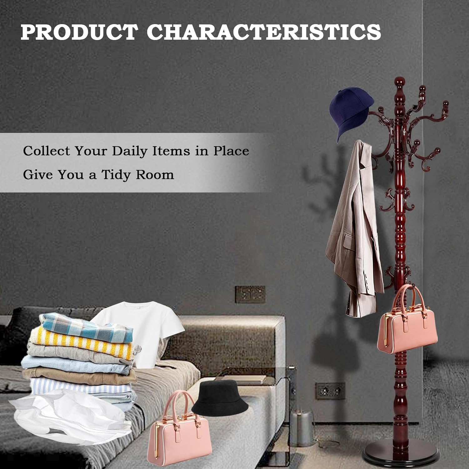 Free Standing Coat Rack with 14 Hooks and Natural Wood Base