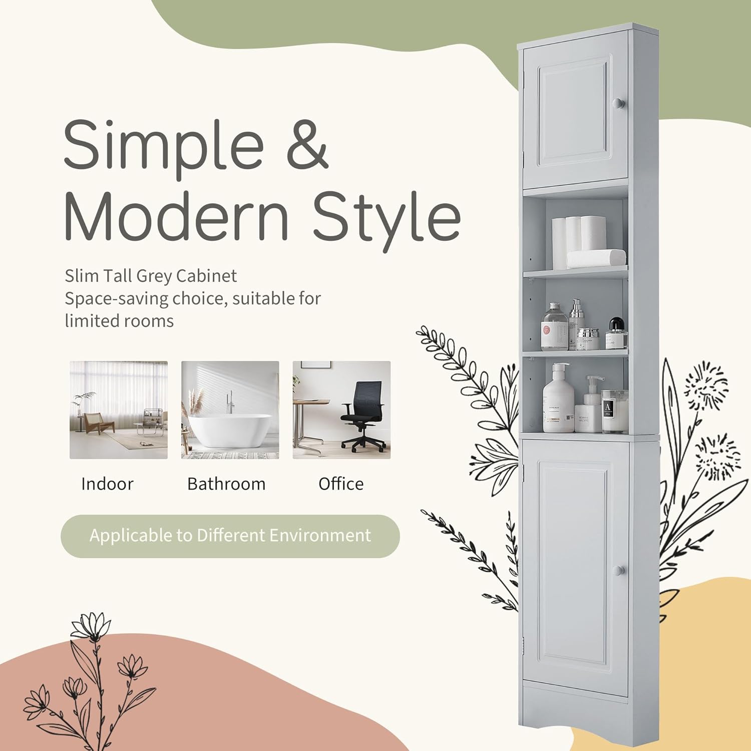 Triangle Tall Corner Storage Cabinet with 2 Doors Open and Adjustable Shelves - Grey