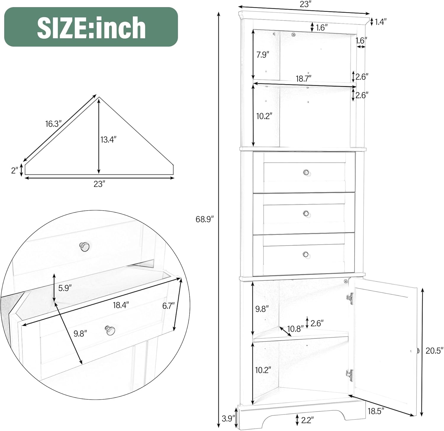 689 Inch Tall Triangle Corner Cabinet with 3 Drawers and Adjustable Shelf Freestanding Storage Cabinet White