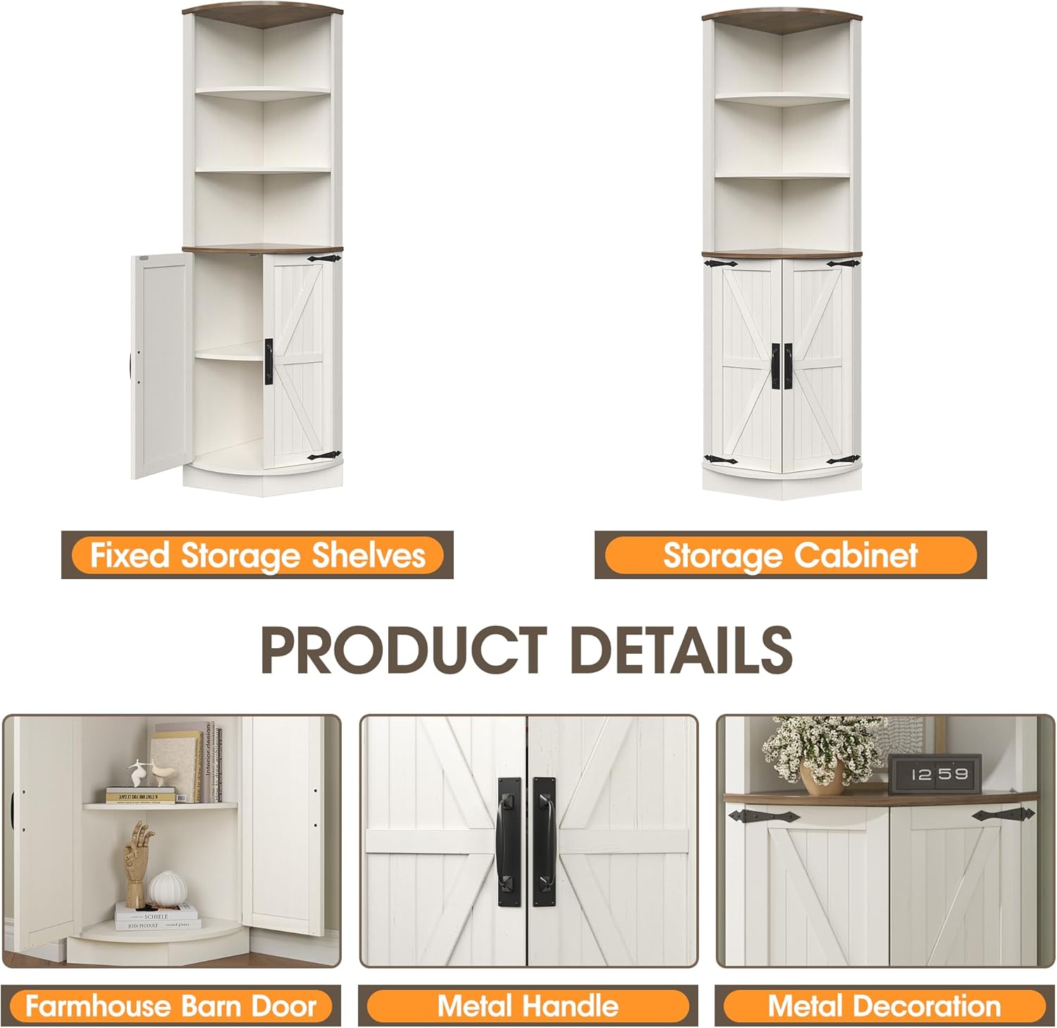 Vabches 648 Tall Farmhouse Corner Cabinet in Antique White