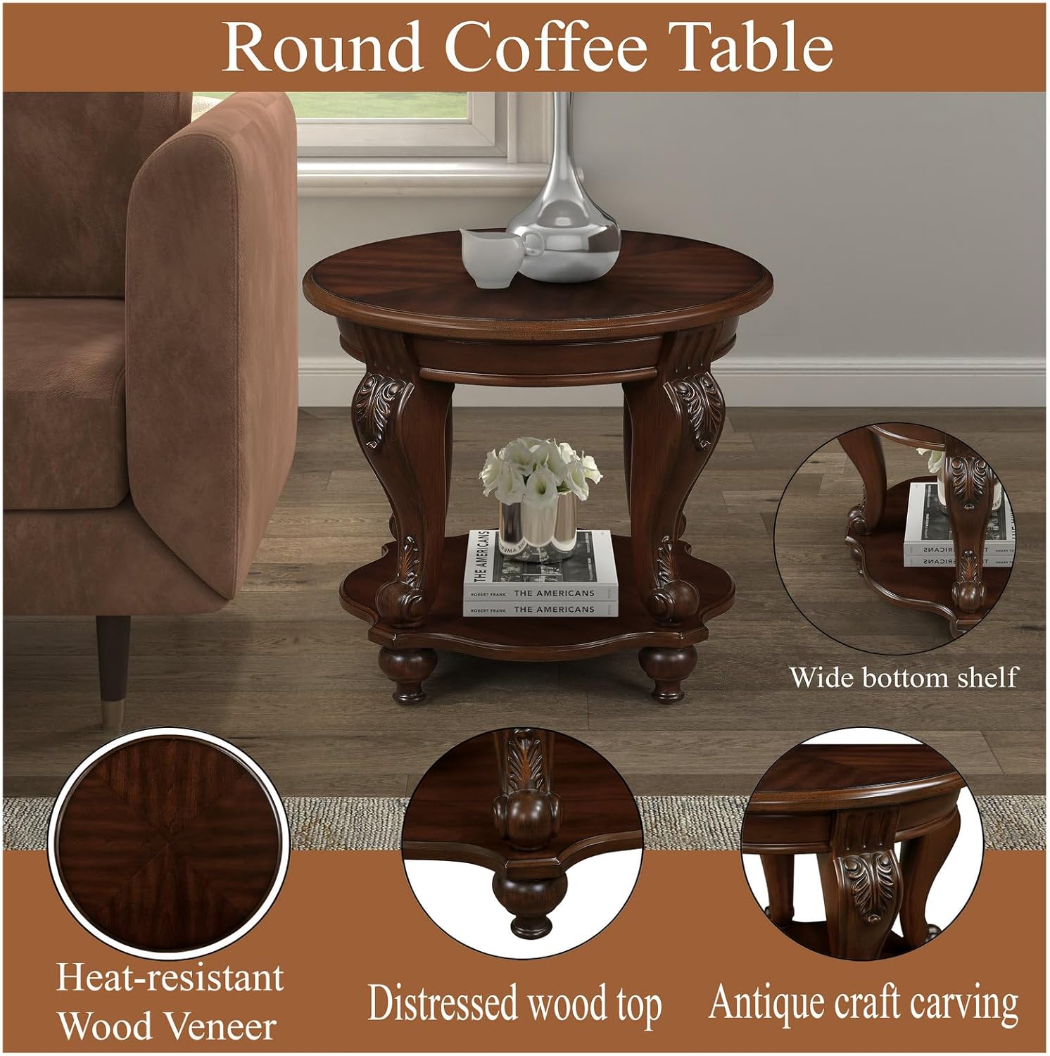 Retro Round End Table with Storage Shelf in Cherry