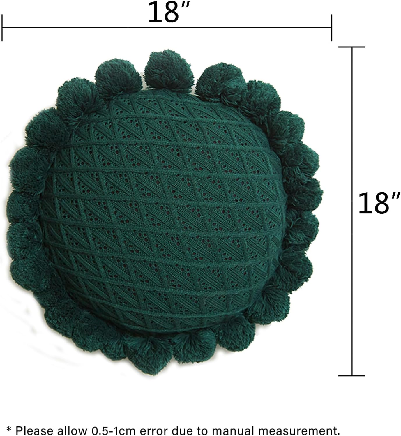 Acrylic Knitted Throw Pillow with Pom Poms Dark Green 18 Inches Diameter