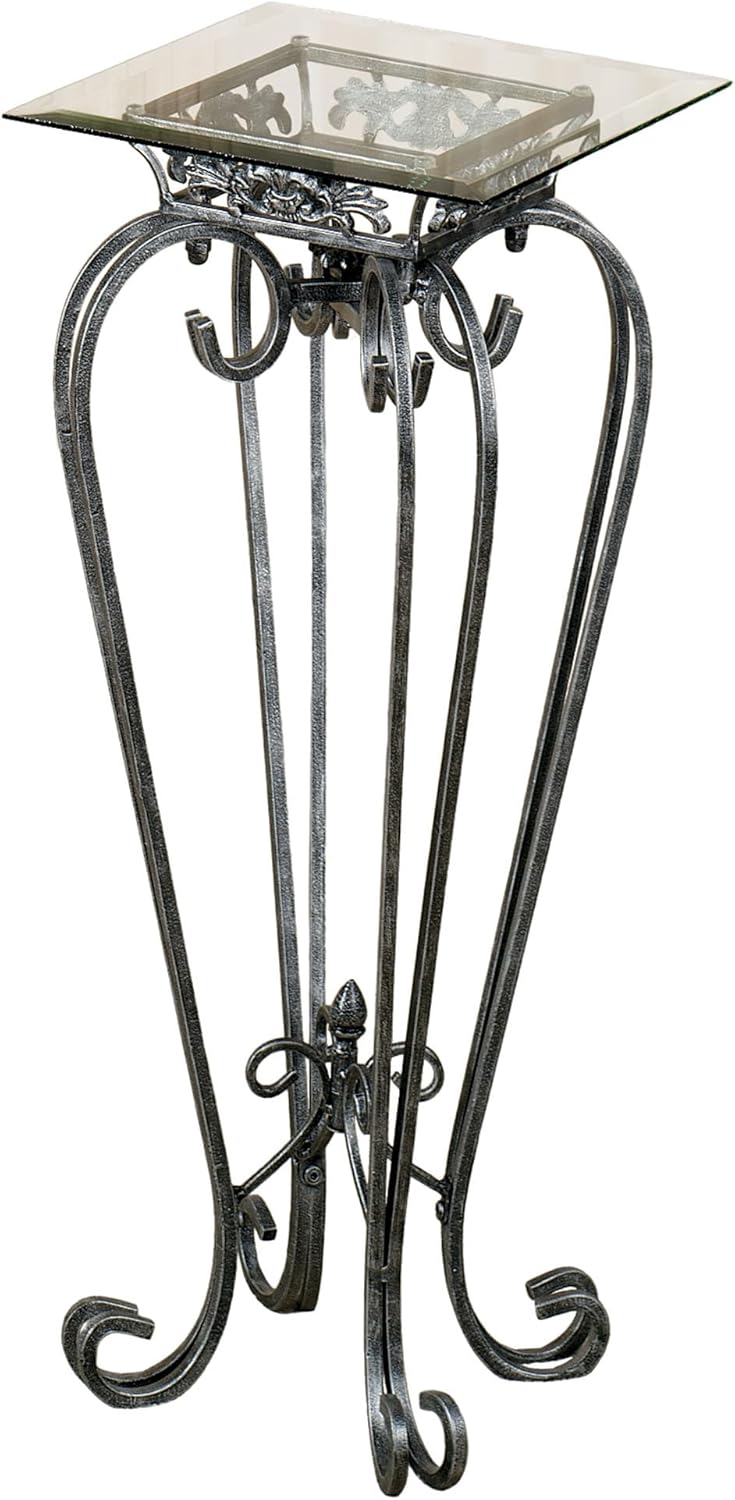 Touch of Class Chalcedony Metal Scroll Pedestal Table - Beveled Glass - Antique Pewter - Square Top - Elegant Accent