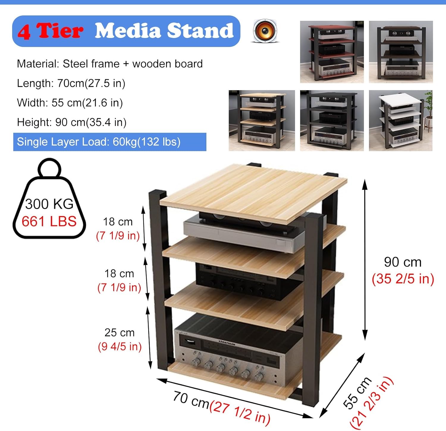 Teak Media Shelf 4 Tier Heavy Duty Audio Stand