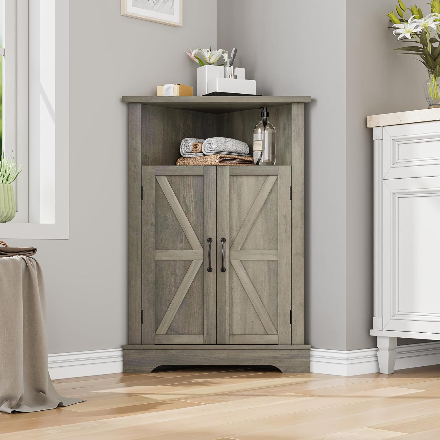 Farmhouse Corner Cabinet with Adjustable Shelves and Doors Grey
