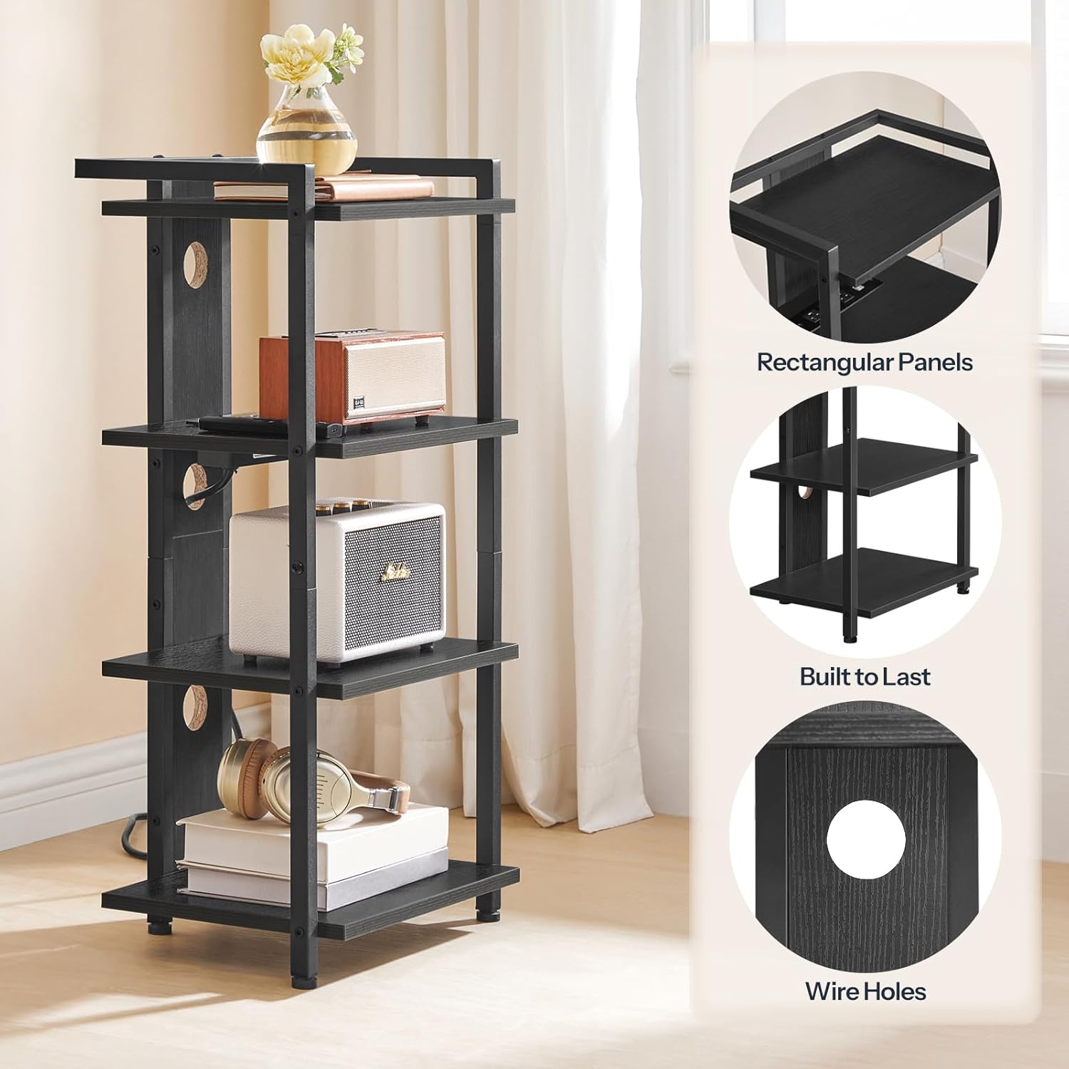 HOOBRO 4-Tier AV Media Console with LED Light and Charging Station Black