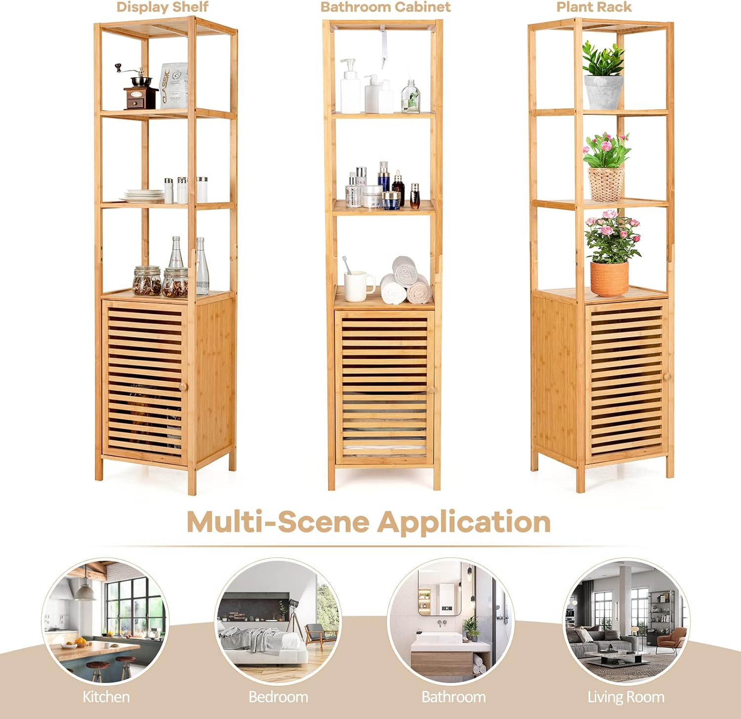 Giantex Bamboo Storage Cabinet 4-Tier Slim Shelving Unit with Shutter Door and Anti-Toppling Device