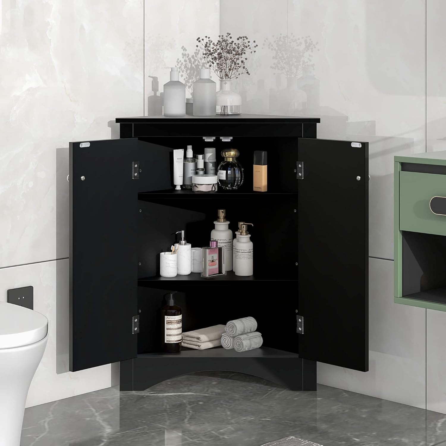 GDFStudio 315 Inch H Triangle Corner Storage Cabinet Black