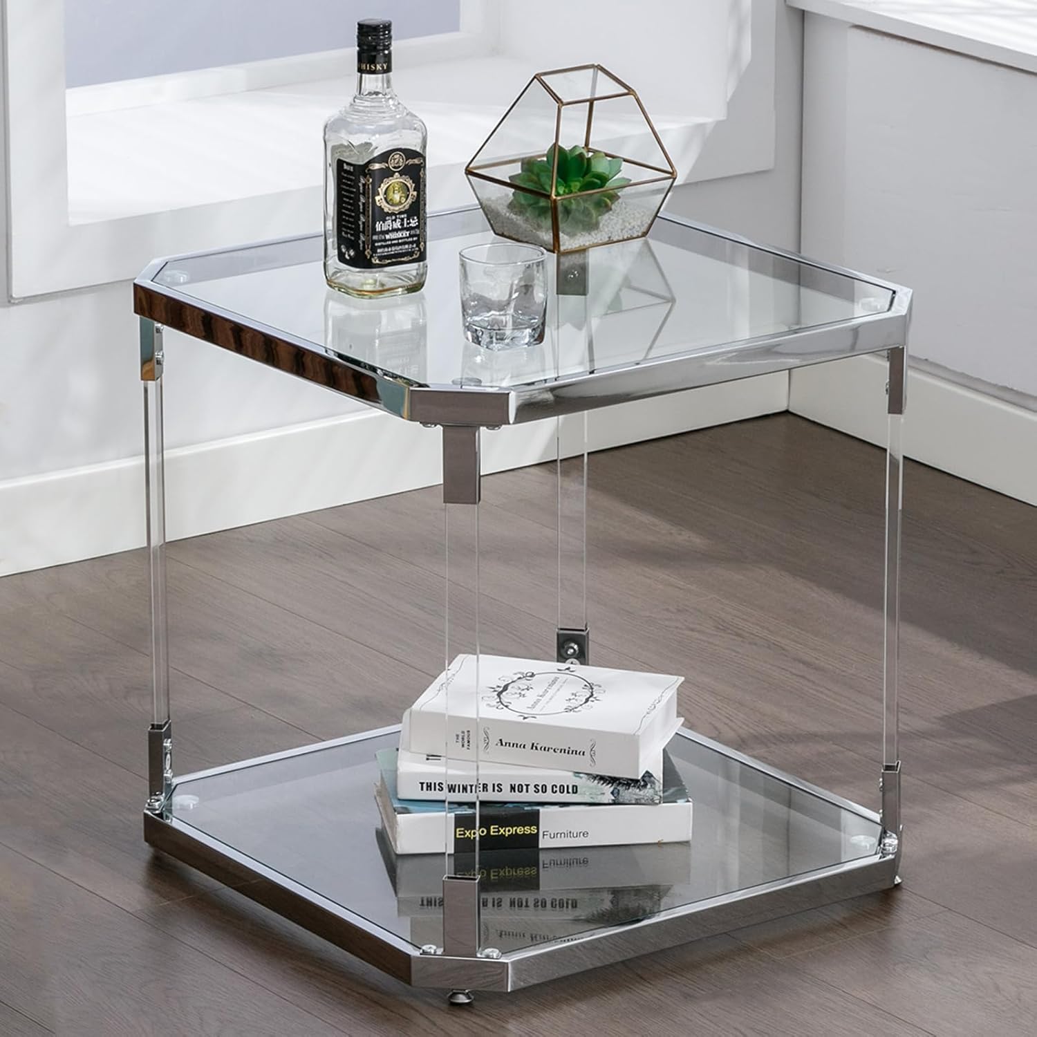 Silver Square Glass Top Side Table - Modern Nightstand for Living Room and Bedroom