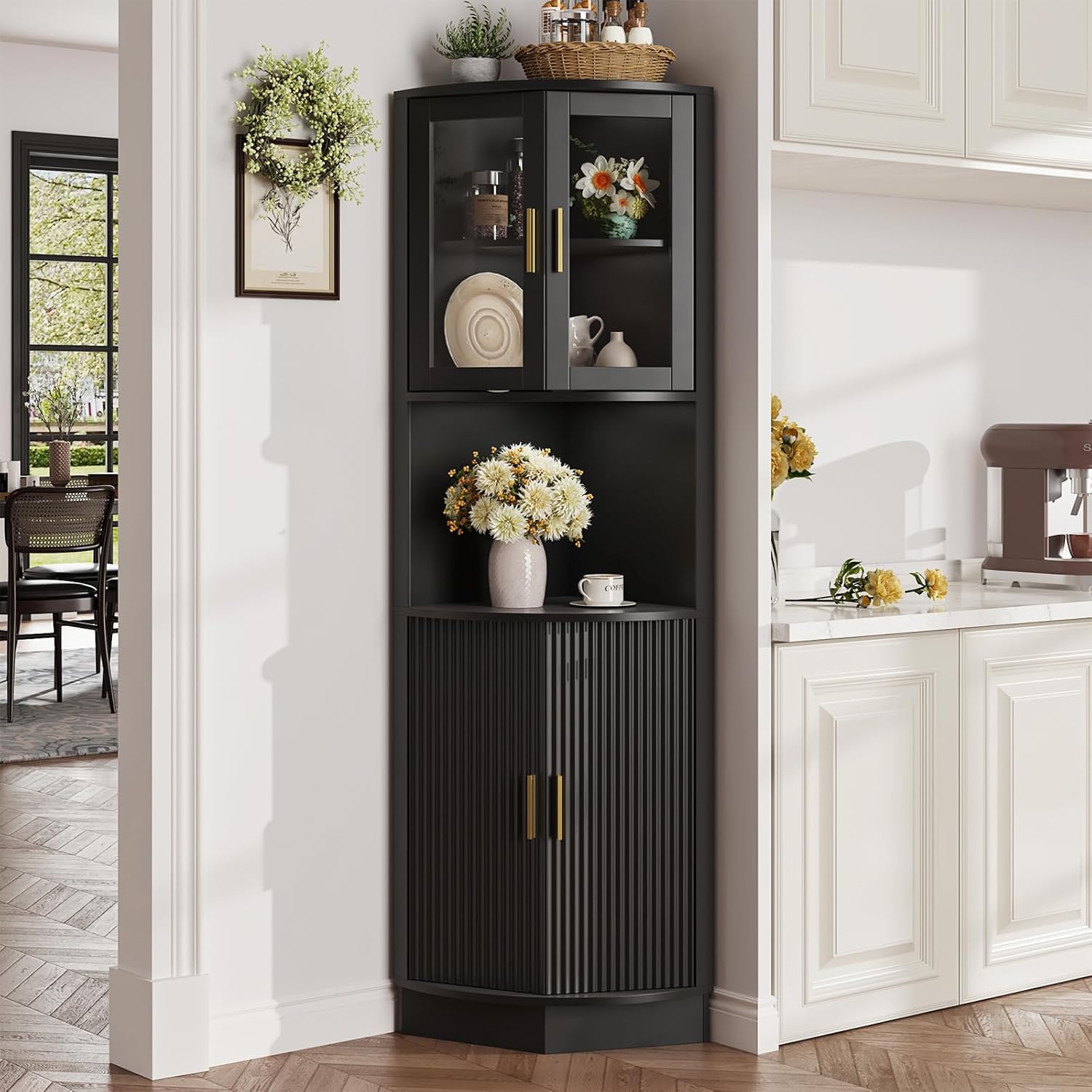 FiveWillowise 649 Tall Corner Cabinet with 5 Shelves Black