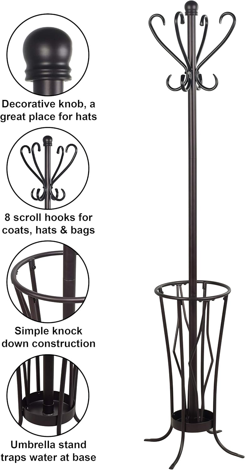Elegant Metal Coat Rack with Umbrella Stand Brown Finish