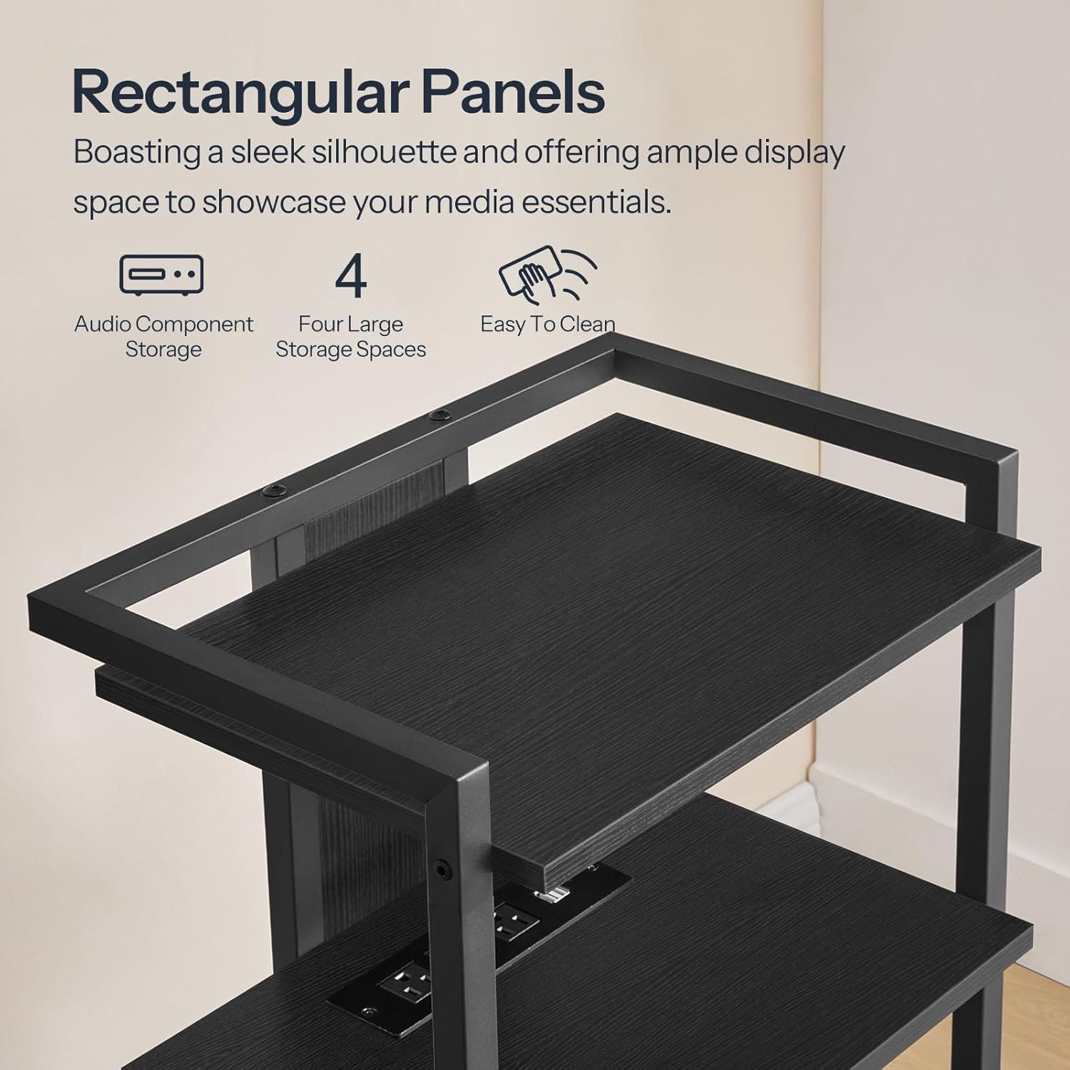HOOBRO 4-Tier AV Media Console with LED Light and Charging Station Black