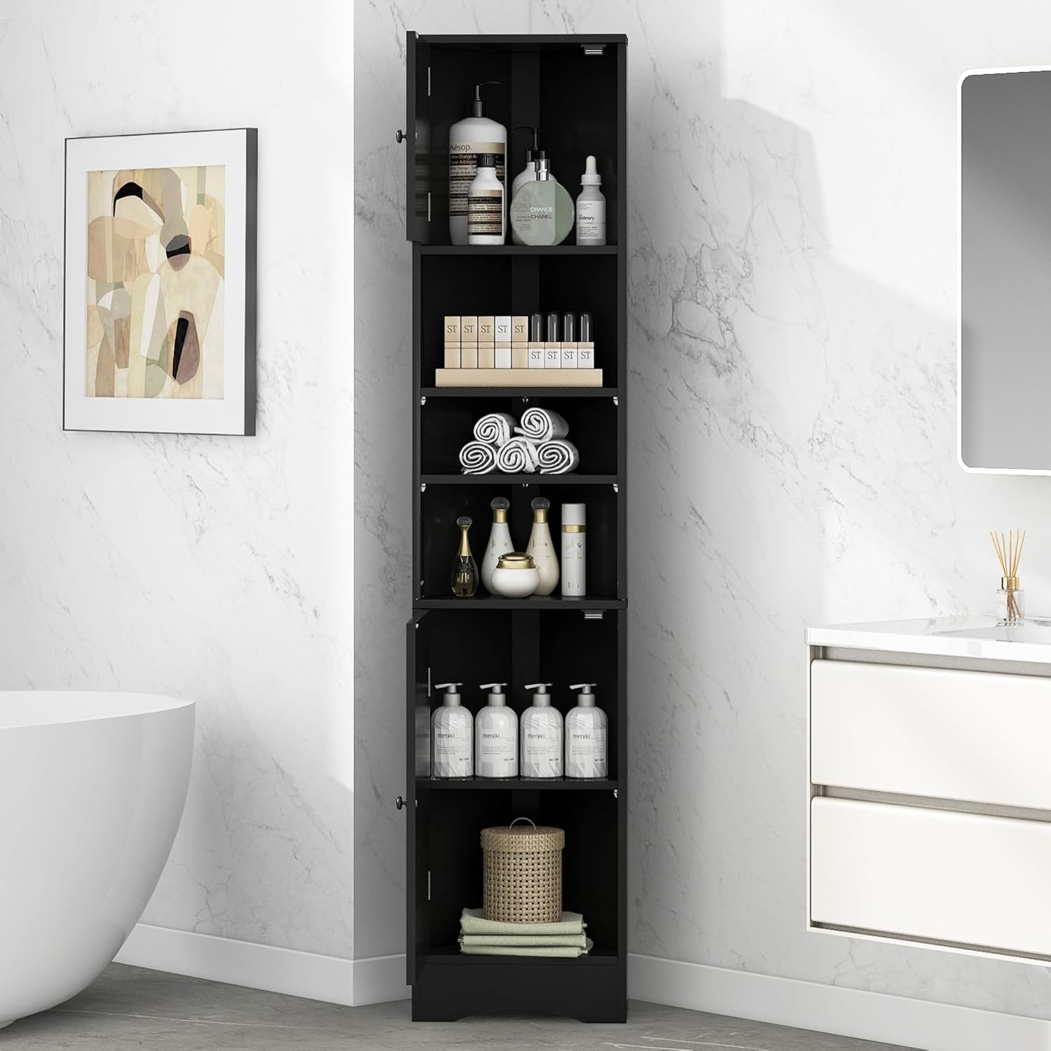 669 Inch Tall Corner Bathroom Cabinet with Doors Black